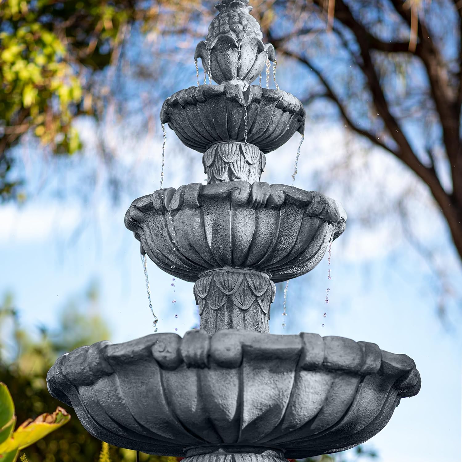 XBrand 58.3' 3-Tier Outdoor Freestanding Water Fountain - Classic Leaf Design, White Resin, Large Bird Bath with Pump - Ideal for Yard, Lawn and Garden, Porch Décor