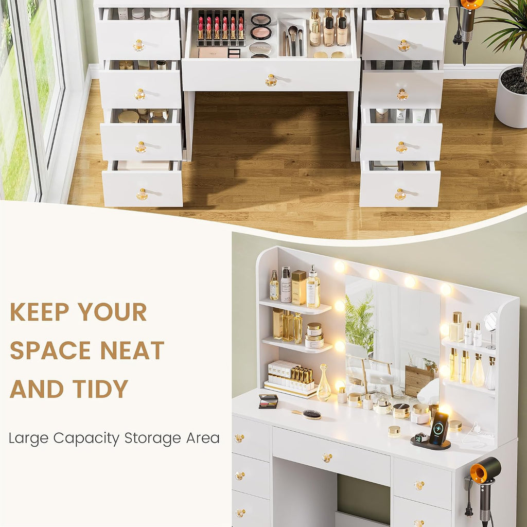 White Vanity Desk With Mirror and LED Lights, 3 Colors Adjustable, Large Makeup Vanity Desk with Power Strip and Hairdryer Holder, 9 Drawers & 6 Shelves Modern Dressing Table for Women, Bedroom