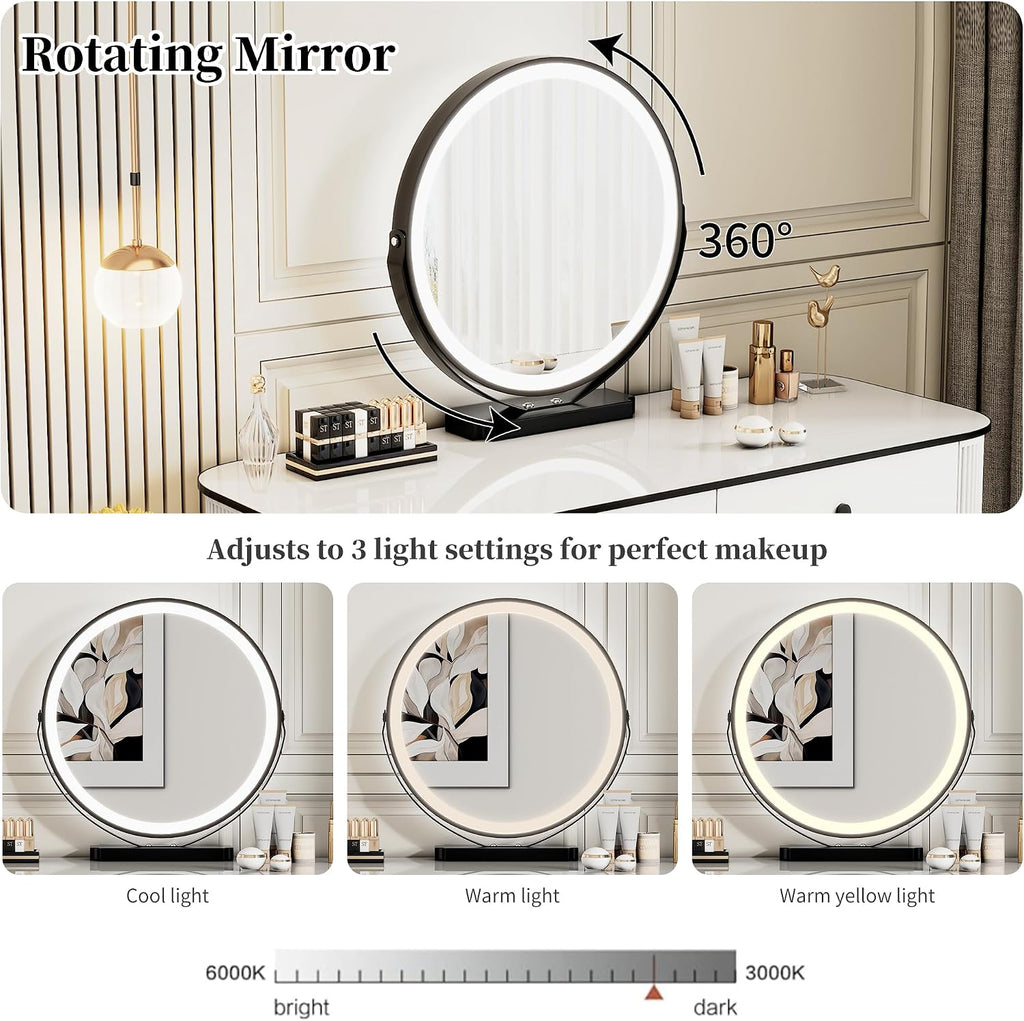 KDCAS Small Makeup Vanity Desk with Mirror and LED Lights | Modern Fluted Vanity Table with Drawers and Reversible Adjustable Side Cabinet (39.37'–51.2') | Space-Saving White Vanity Desk for Bedroom