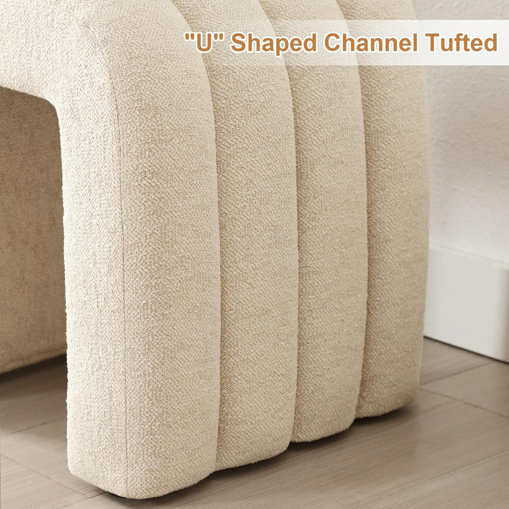 Flouki Ottoman Foot Stool with Channel Tufted, Small Ottoman Bench for Entryway, Modern Vanity Stool Chair, Upholstered Foot Rest Extra Seat for Living Room (Beige Linen)
