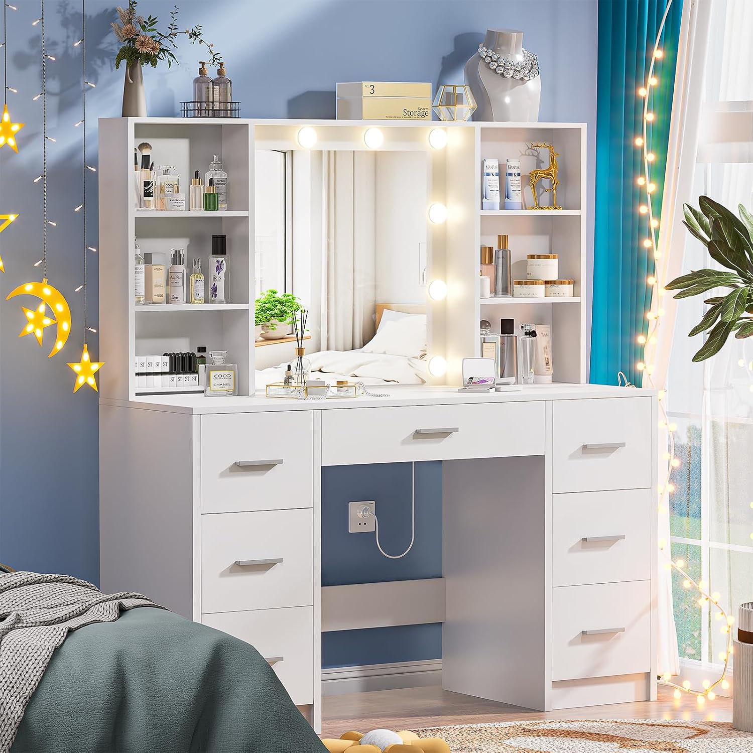 Vanity Desk with Lighted Mirror & Power Outlet, Makeup Vanity with 7 Drawers and 6 Storage Shelves, Bedroom Dressing Table with 3 Lighting Modes & Brightness Adjustable for Girls, Women, White