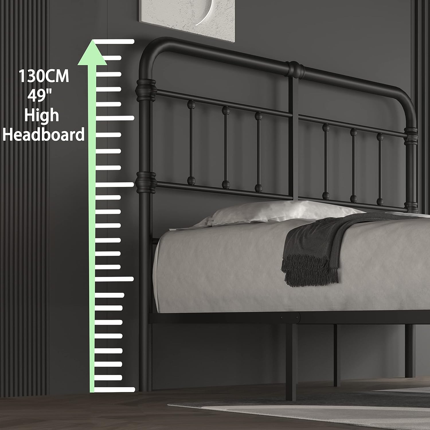 King-Bed-Frame-Metal-Platform Bed Frame with 49' High-Headboard - Solid Quite Easy Set Up Mattress Foundation No Box Spring Needed