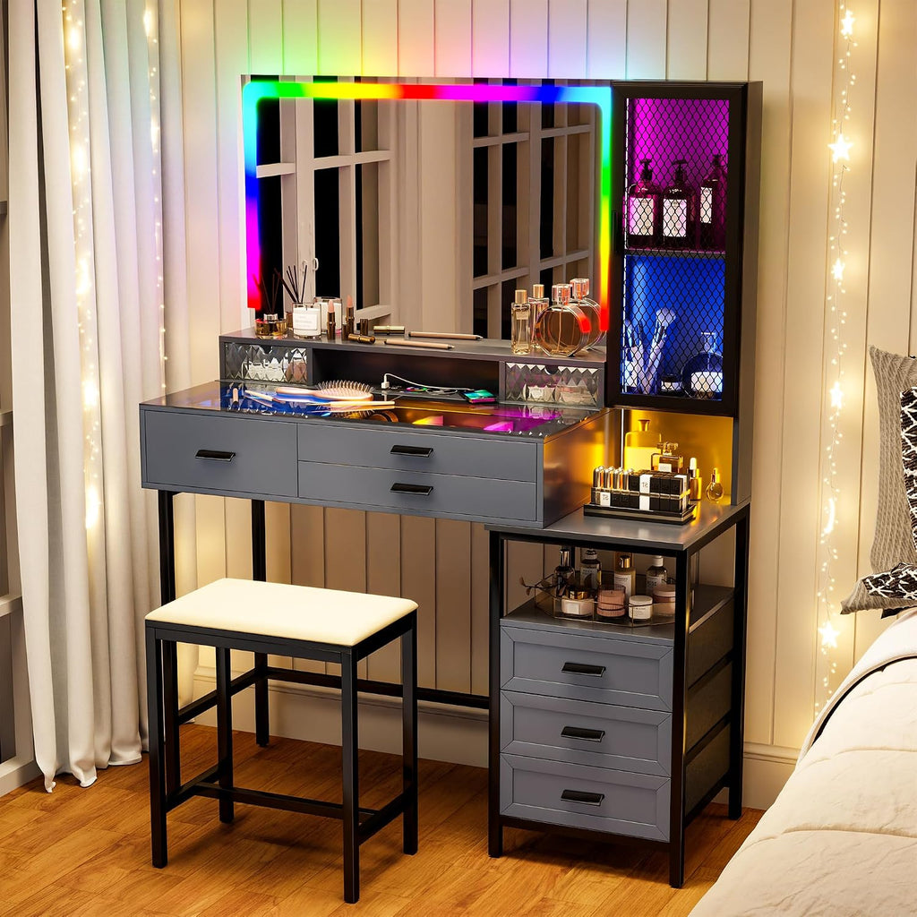 Lvifur RGB Vanity Desk - with Mirror and Lights,7 Dynamic & 24 Static Dimmable Vanity Table Set with Charging Station,Human Sensor LED Vanities w/Glass Top,6 Drawers,Stool,Grey