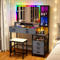 Lvifur RGB Vanity Desk - with Mirror and Lights,7 Dynamic & 24 Static Dimmable Vanity Table Set with Charging Station,Human Sensor LED Vanities w/Glass Top,6 Drawers,Stool,Grey