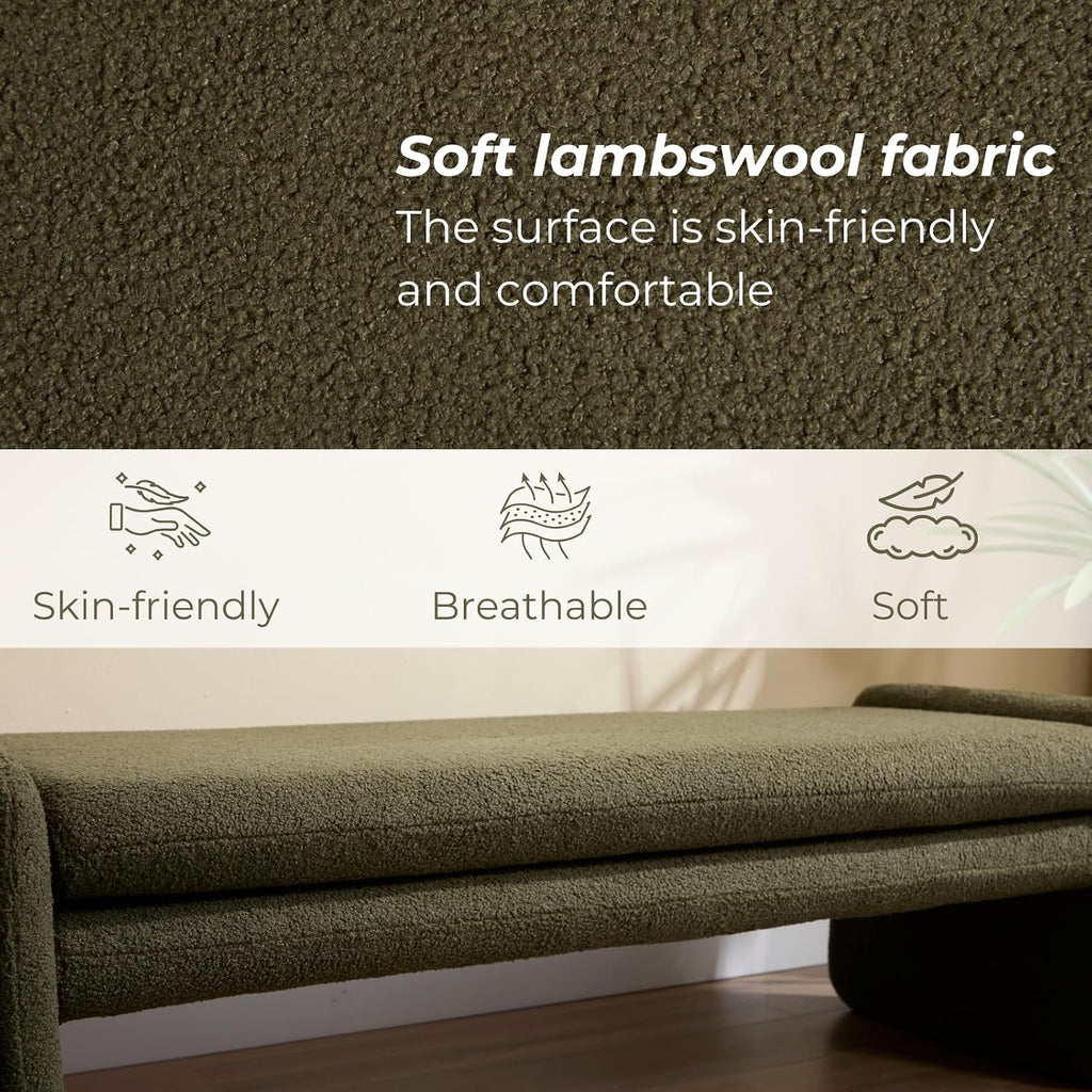 ROCITY Green Boucle Bench 50' Sherpa End of Bed Bench Modern Upholstered Bench for Bedroom Entryway Living Room Vanity Makeup Room, Teddy Fabric Bench with Seating