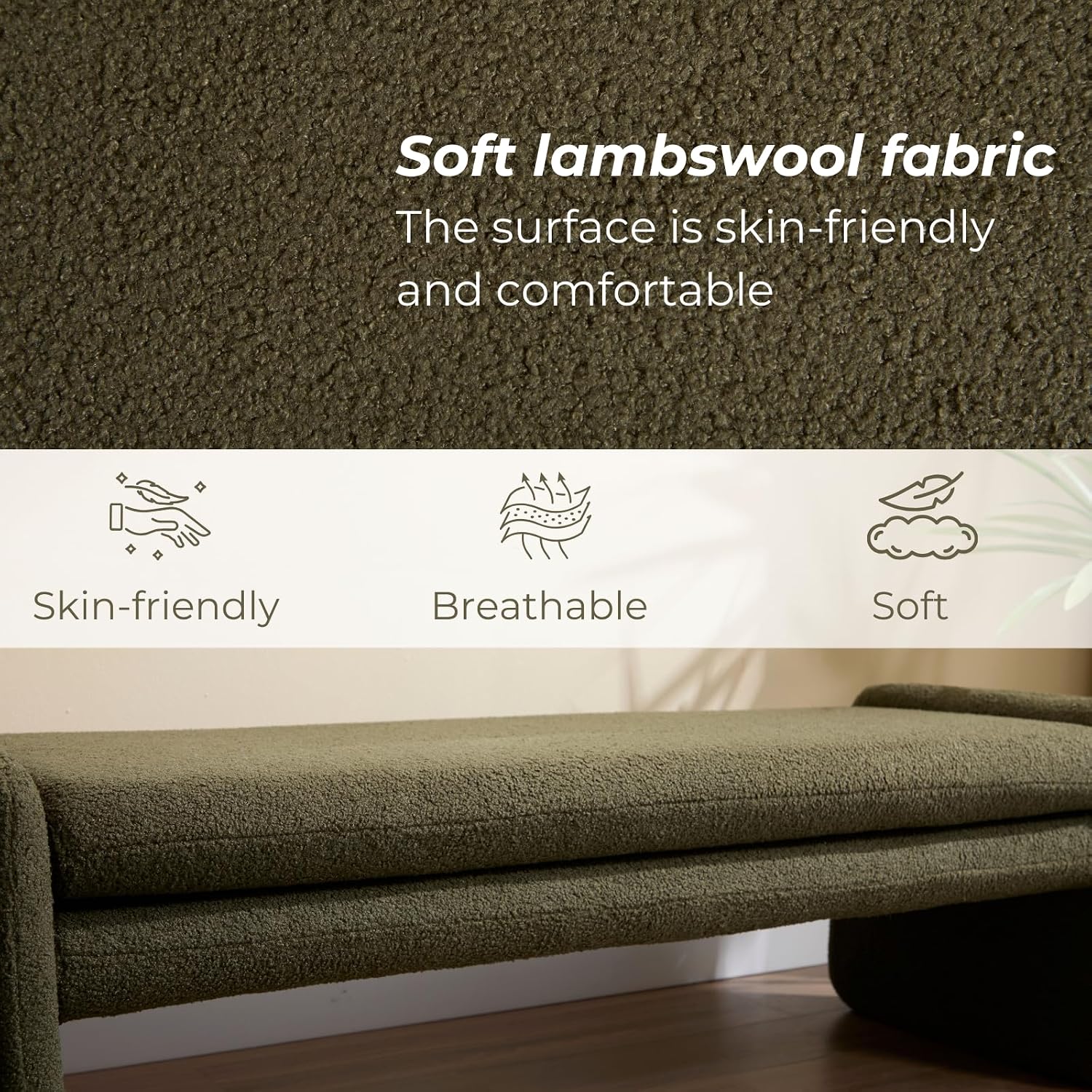 ROCITY Green Boucle Bench 50' Sherpa End of Bed Bench Modern Upholstered Bench for Bedroom Entryway Living Room Vanity Makeup Room, Teddy Fabric Bench with Seating