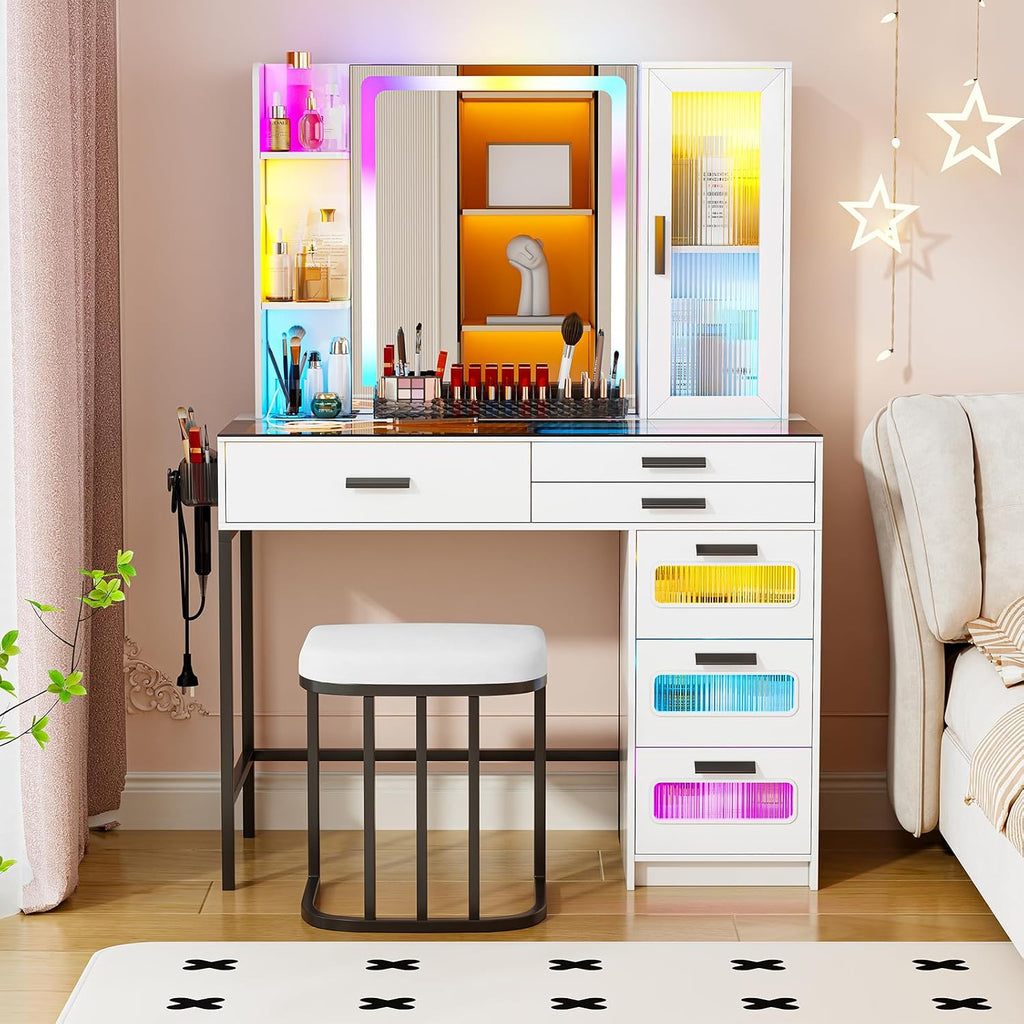 White Makeup Vanity Desk with Mirror and Lights,Vanity Table Set with Charging Station, Dressing Table with RGB Cabinets,Girls Vanity with Makeup Organizer and Drawers