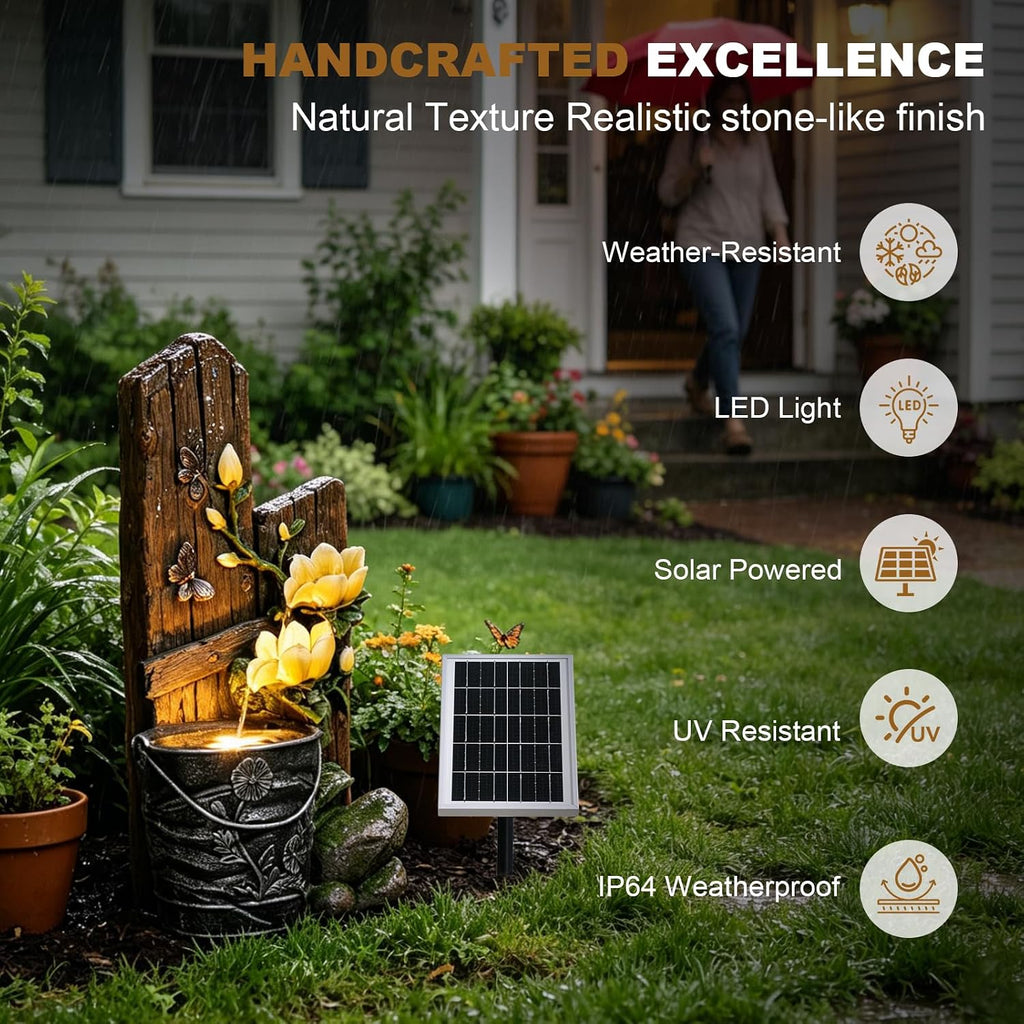 30.7' H Solar Water Fountain Outdoor Garden, Rustic Tiered Magnolia Flower & Bucket Waterfall with 4000mAh Battery Backup, Warm LED Lights & 5W Solar Panel for Patio, Porch, Backyard and Home Decor