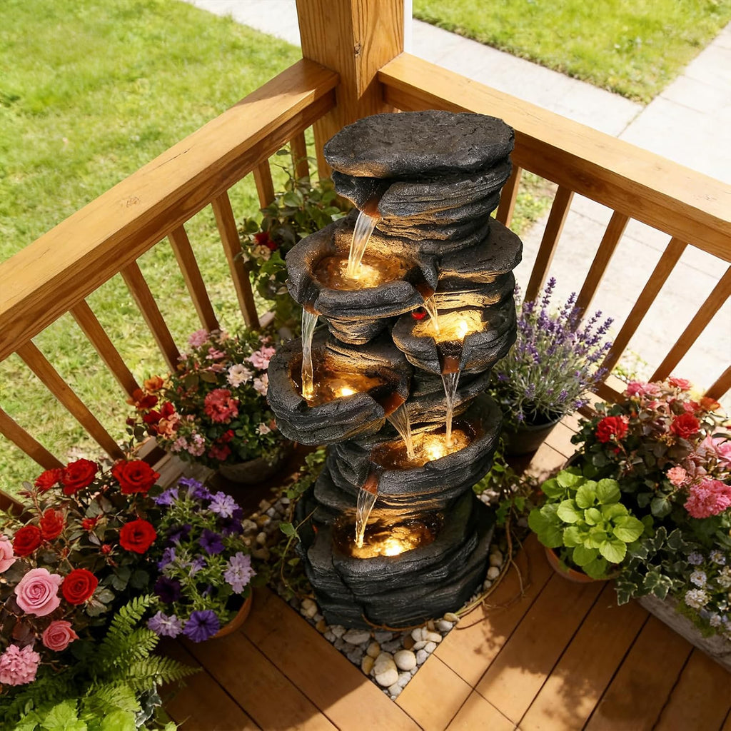 Bumilgar 42.5' H Garden Outdoor Water Fountain with LED Lights & Pump, Mutiply-Tier Cascading Outdoor Fountain for Garden,Patio,Porch,Backyard,Home Art Decor