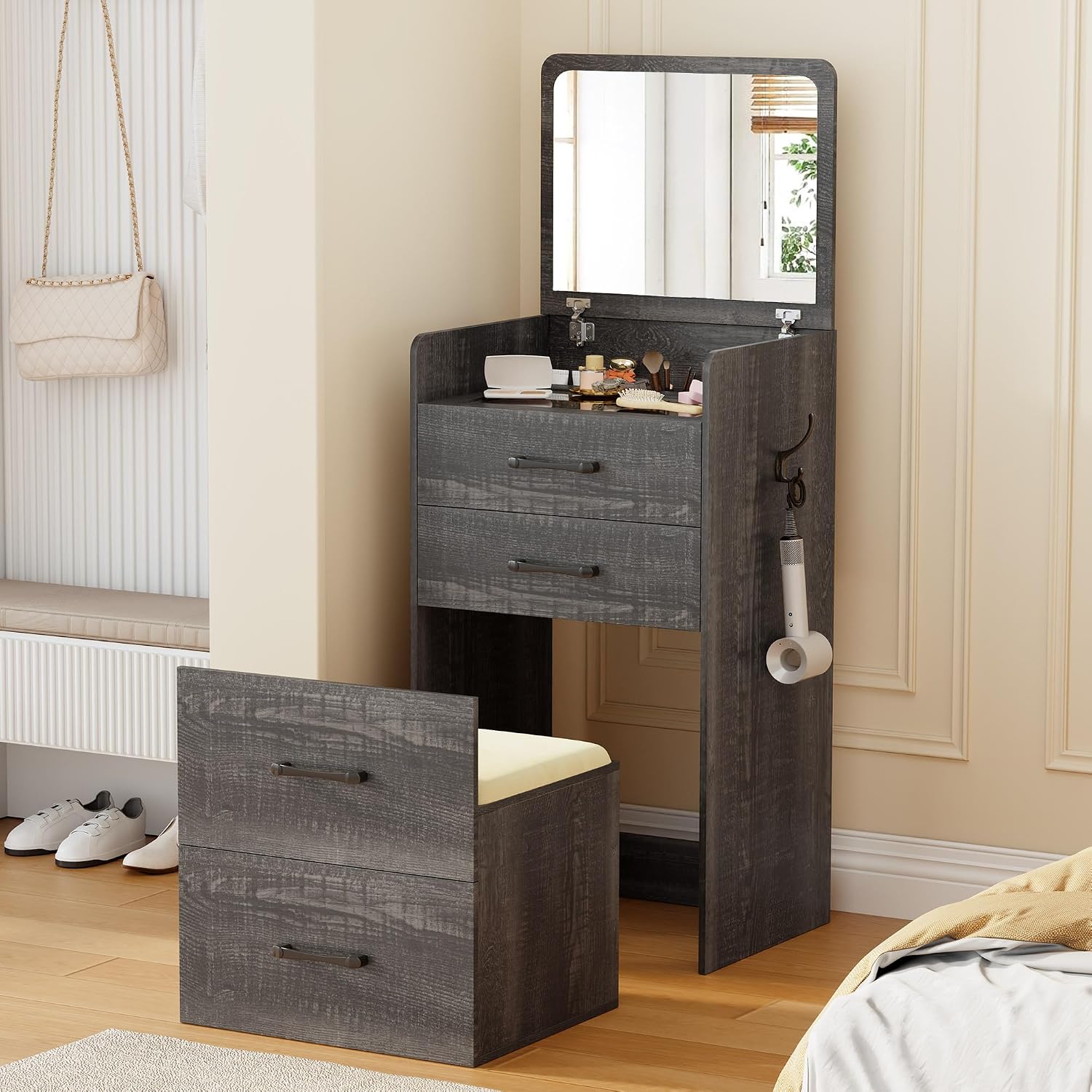 Lvifur Small 3-in-1 Vanity Desk with Mirror, Compact Makeup Table w/Cushioned Stool, Modern Grils' Dressing Table Vanity Set for Bedroom (Dark Rustic Oak)