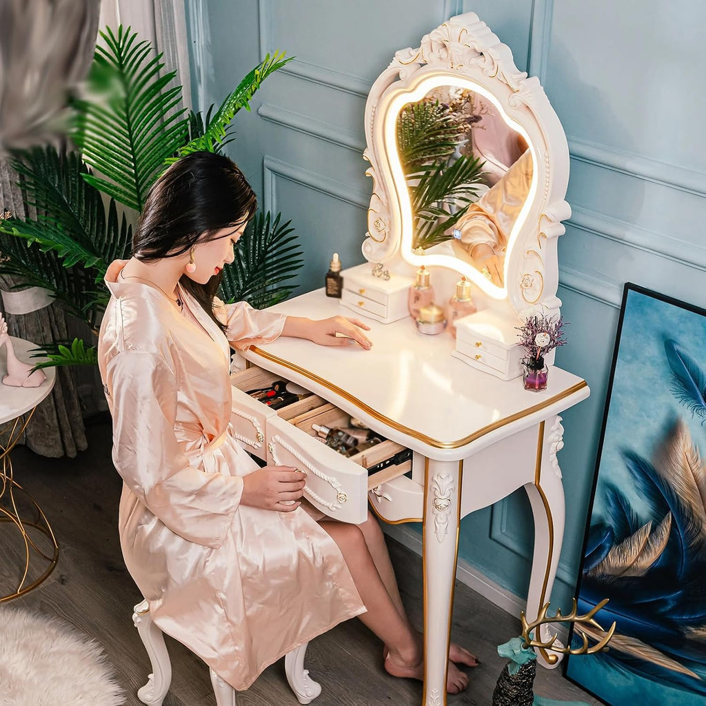 Dressing Table,Vanity Desk with Drawers and Cushioned Stool,Makeup Vanity Table Set with Mirror and Light,European Retro(D)