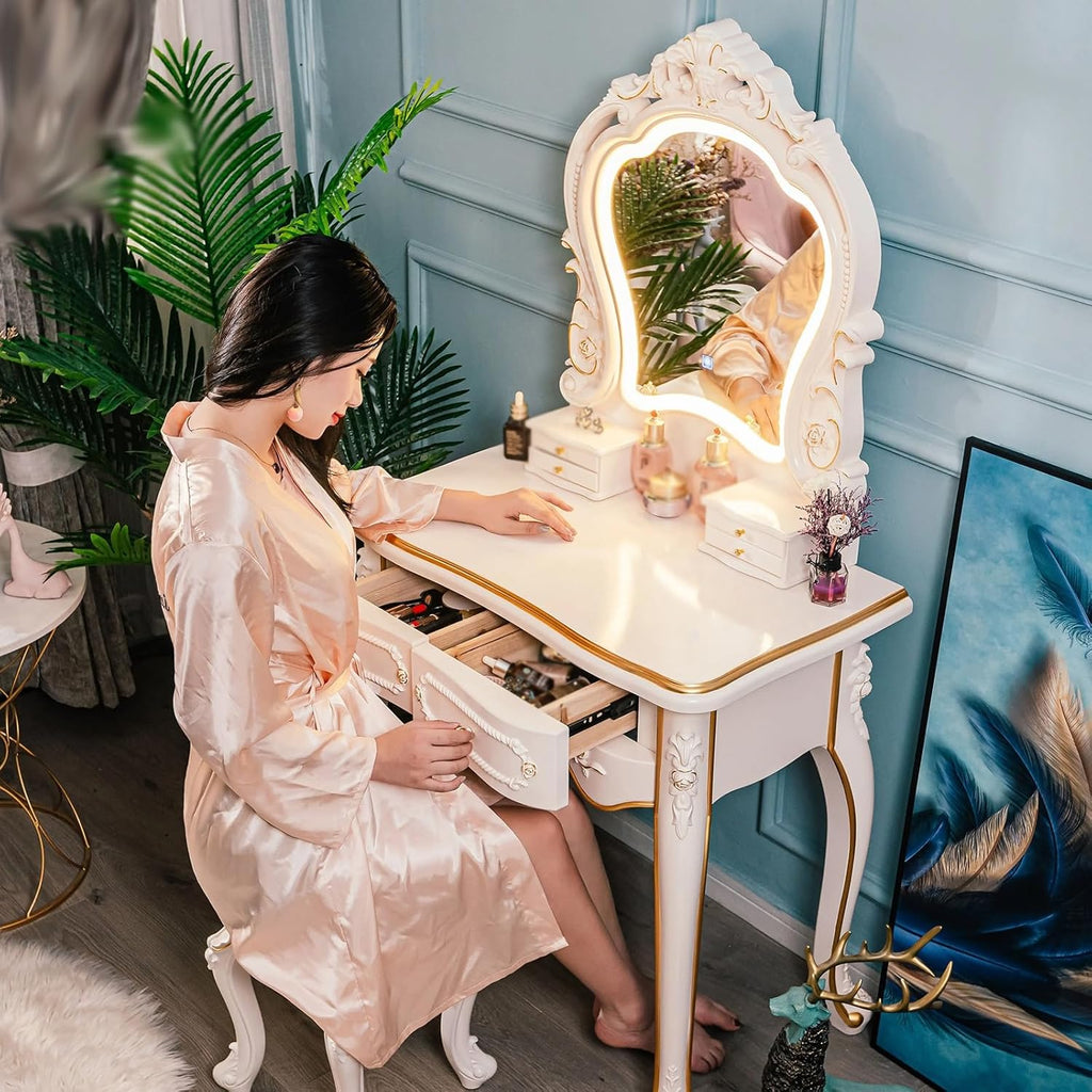 Dressing Table,Vanity Desk with Drawers and Cushioned Stool,Makeup Vanity Table Set with Mirror and Light,European Retro(C)