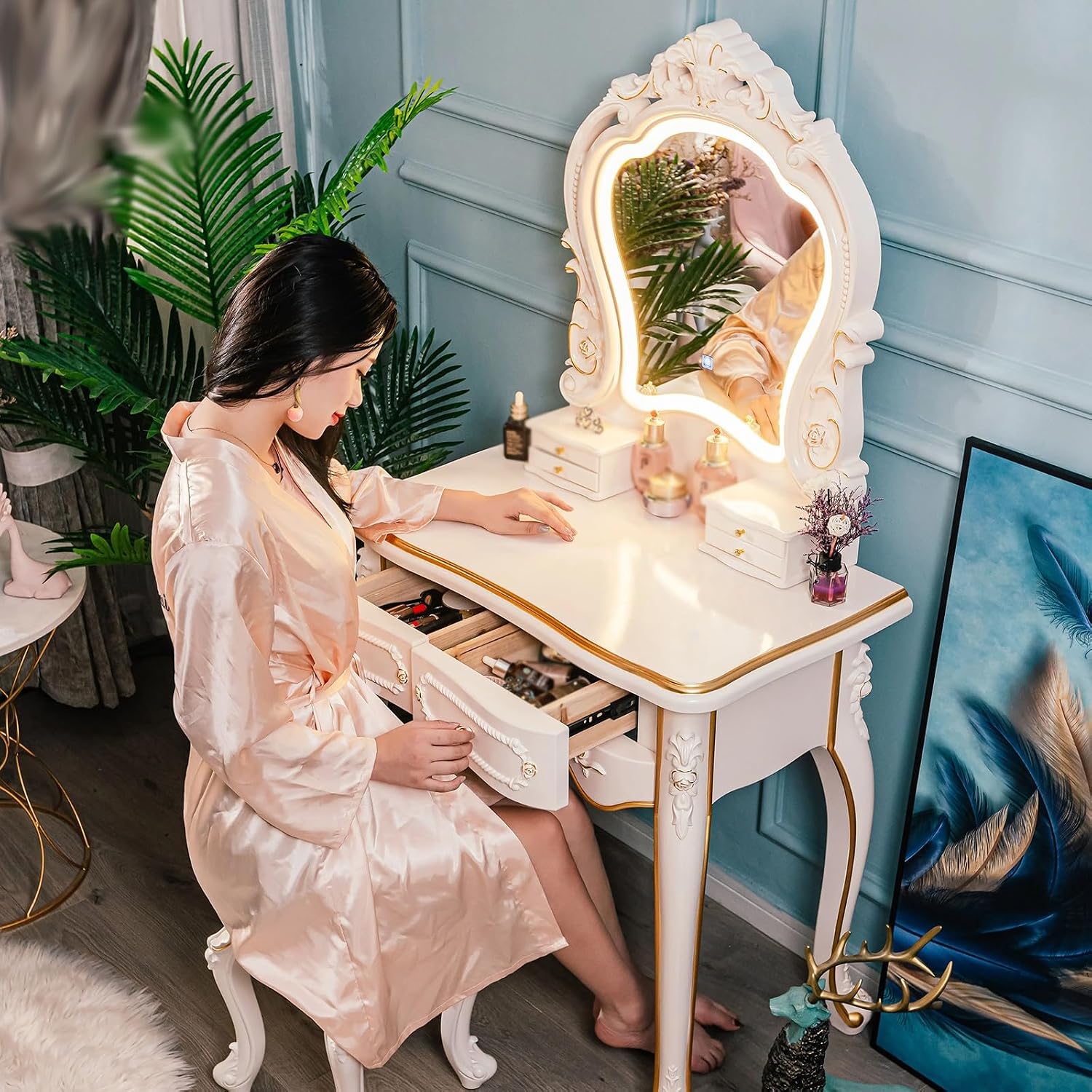 Dressing Table,Vanity Desk with Drawers and Cushioned Stool,Makeup Vanity Table Set with Mirror and Light,European Retro(B)