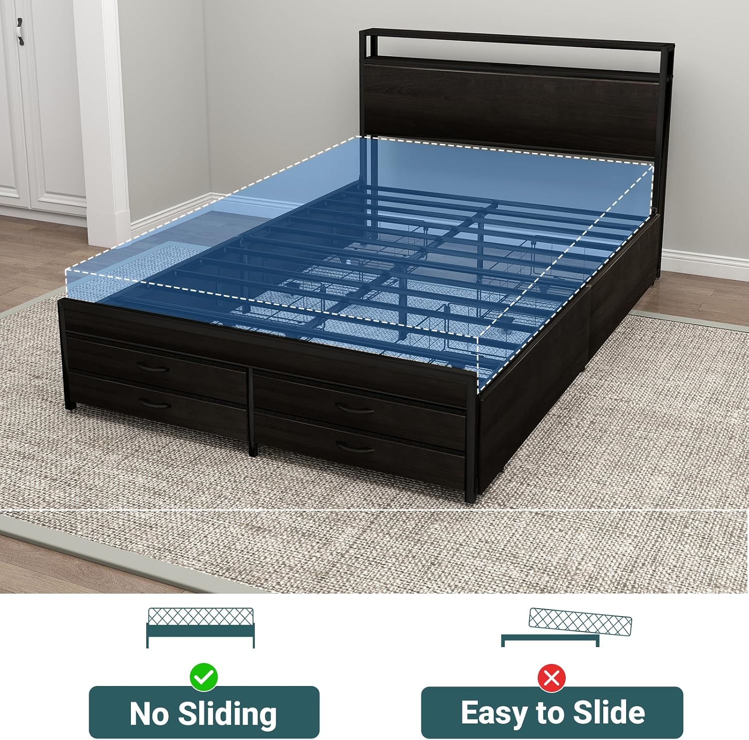 Zevemomo Full Bed Frames with Headboard, Full Size Storage Bed Frame with 8 Drawers, Built-in Charging Ports & Outlets, Adjustable Atmospheric LED Lights, Full-Size Metal Foundation Beds Base, Black