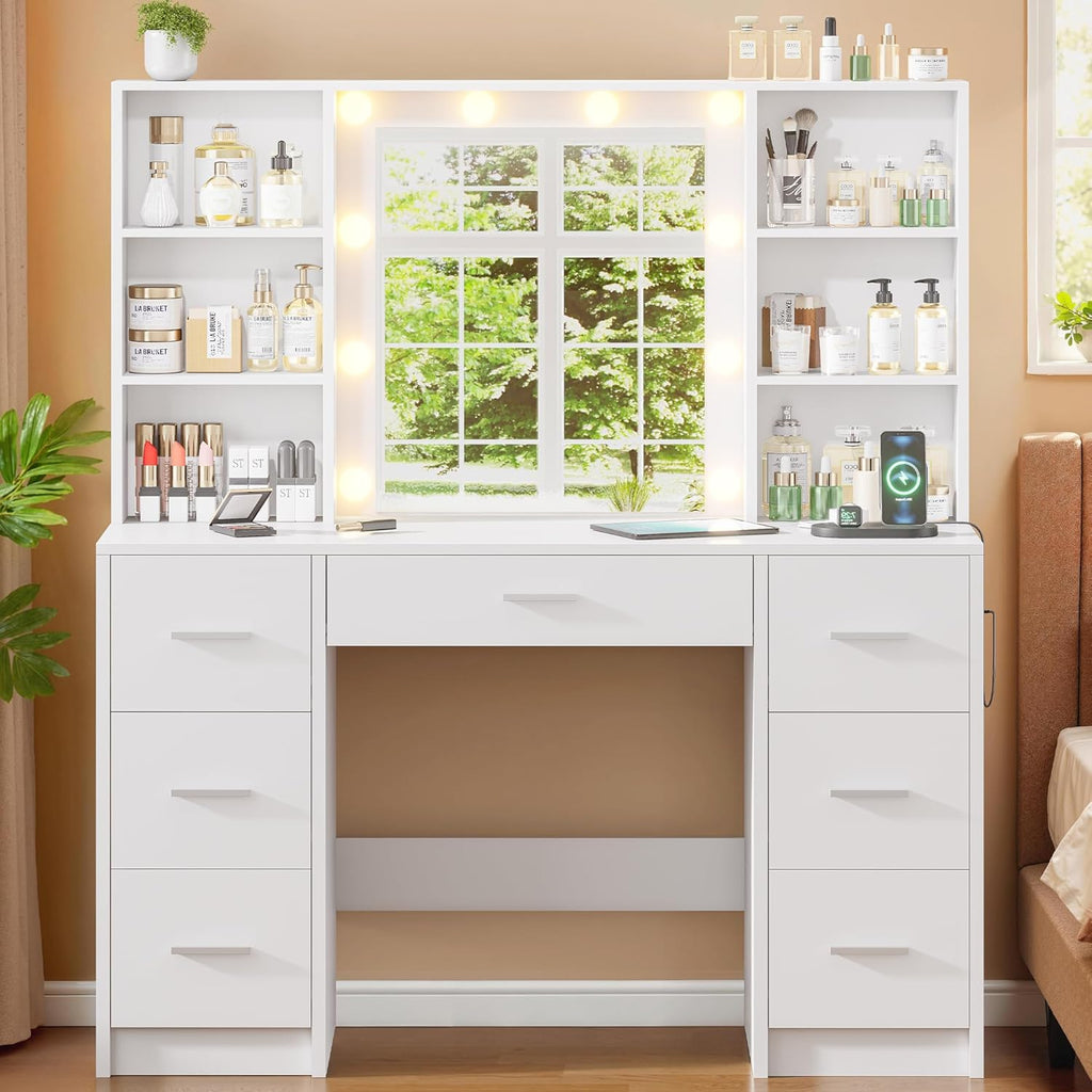 Vanity Desk with Mirror and LED Lights, Large Vanity with 7 Drawers and 6 Shelves, Make up Vanity Dressing Table with Charging Station for Girls, Women (White)
