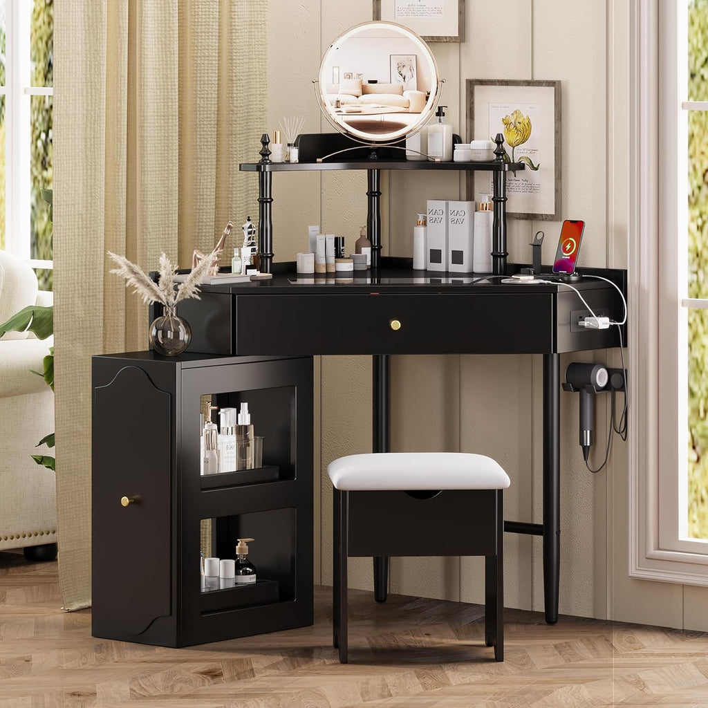 Corner Vanity Desk Set with Storage Cushioned Stool and Charging Station, Triangle Makeup Desk with Removable Pull Out Side Cabinet, Glass Tabletop Makeup Vanity Desk with Drawer and Shelf, Black