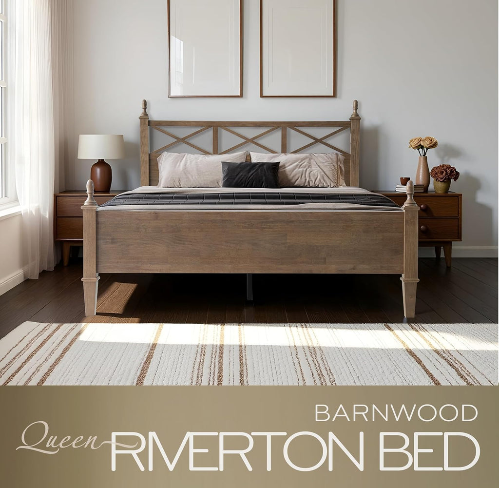 Queen Size Platform Bed Frame, Solid Wood with Headboard & Footboard, Center Metal Legs, 12 Strong Slatted Base, Anti-Noise & Slip-Free, Easy Assembly, No Box Spring Needed, Barnwood Finish RIQ-30