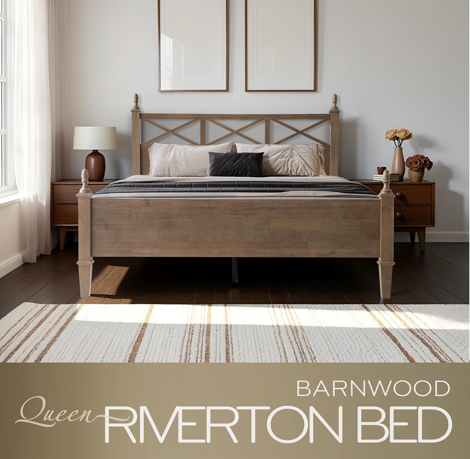 Queen Size Platform Bed Frame, Solid Wood with Headboard & Footboard, Center Metal Legs, 12 Strong Slatted Base, Anti-Noise & Slip-Free, Easy Assembly, No Box Spring Needed, Barnwood Finish RIQ-30