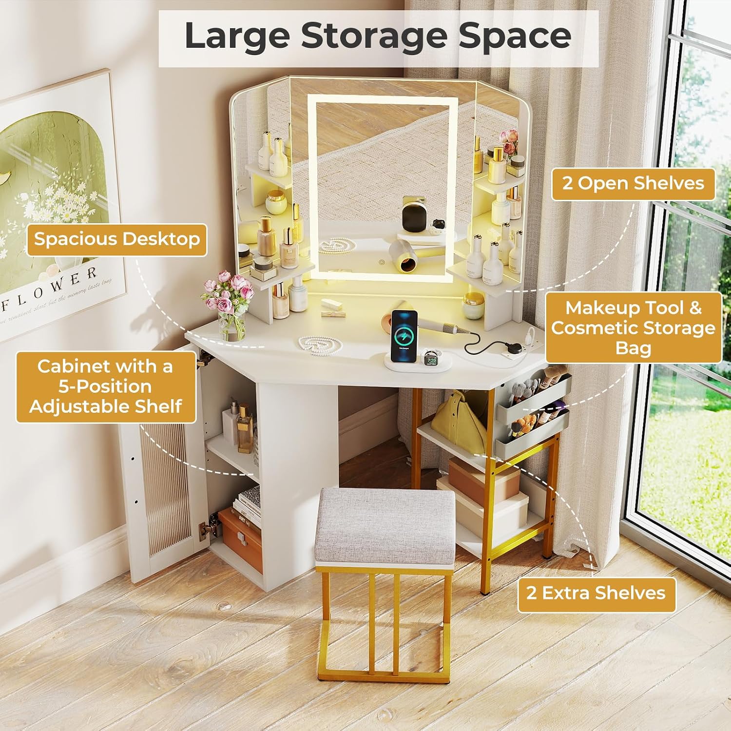 CHARMAID Corner Vanity Desk with Lighted Tri-Fold Mirror, Makeup Table with Charging Station, Fluted Door Cabinet, Storage Shelves, Space Saving Dressing Table with Stool for Bedroom, White & Gold