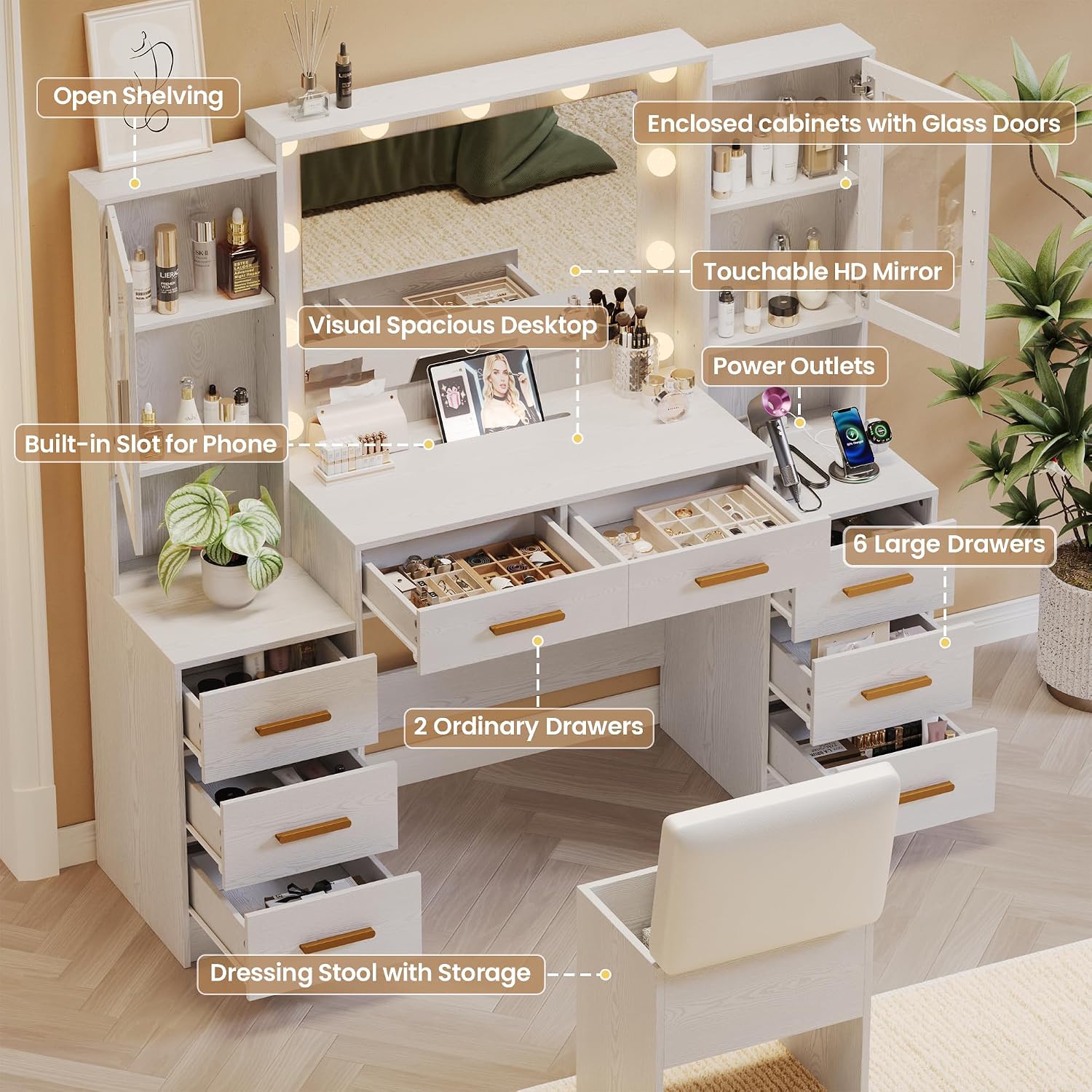 58.4' Large Makeup Vanity with Mirror, Vanity Set with Stool Lights 8 Drawers 2 Glass-Door Cabinets Power Outlet Phone Groove Vanity with Chair Makeup Vanity Desk for Bedroom Dressing Room, White