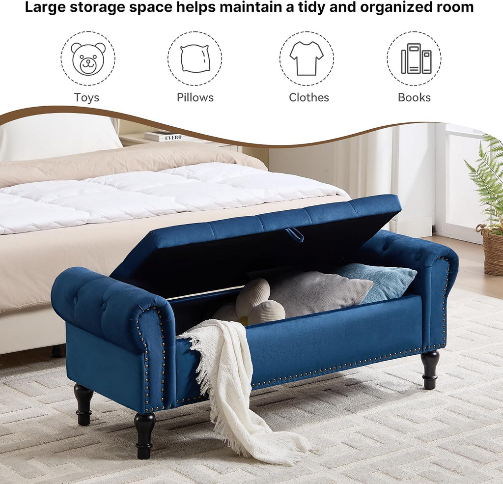 Storage Bench for Bedroom, 51' Upholstered End of Bed Bench, Velvet Queen Size Benches with Rolled Arms, Tufted Button Storage Long Ottoman, Living Room, Entryway, Blue