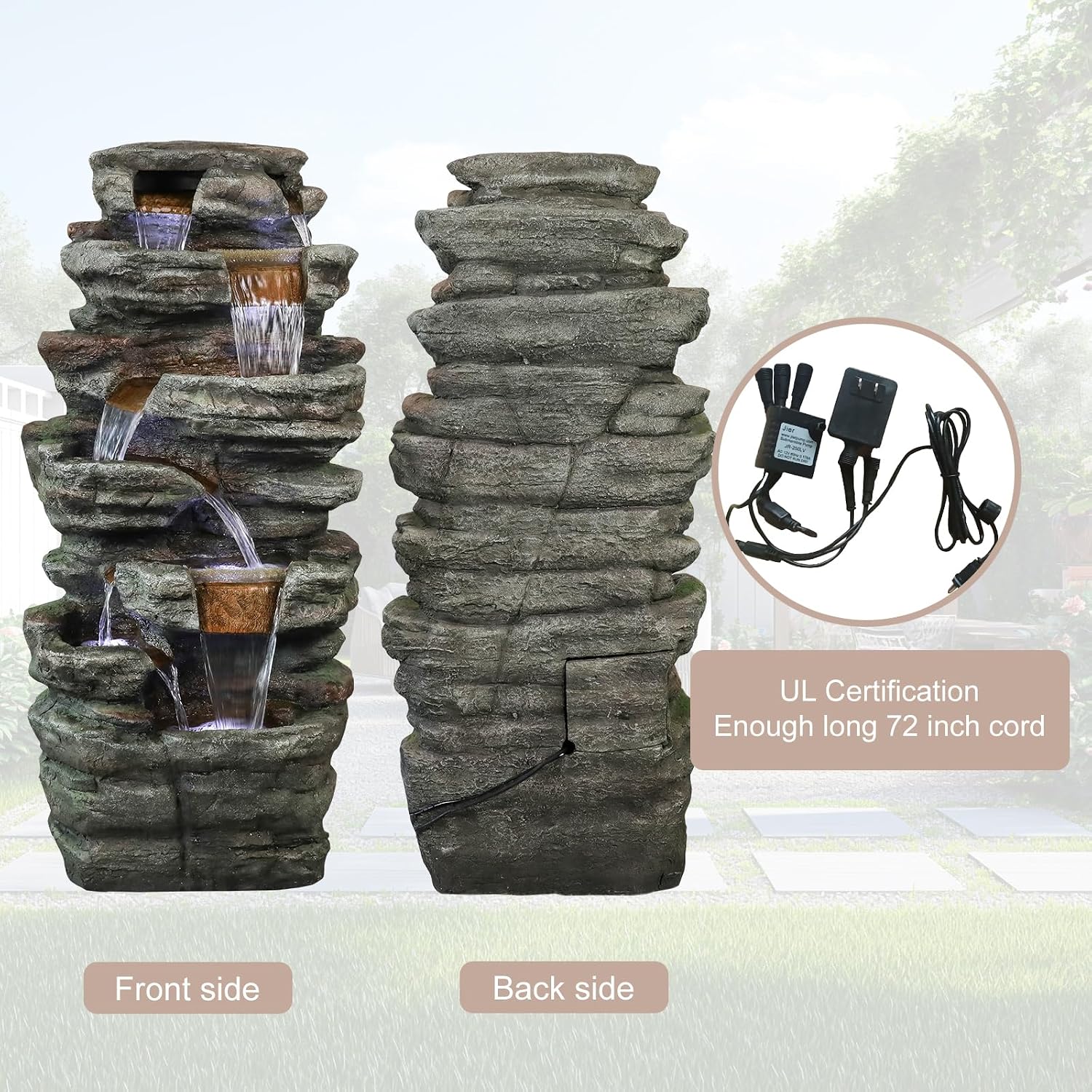 Naturefalls 48' High Outdoor Rock Water Fountain with LED Lights - Mutil-Tiers Poly-Resin Cascading Waterfall Fountain for Garden, Patio, Yard, Home Decor