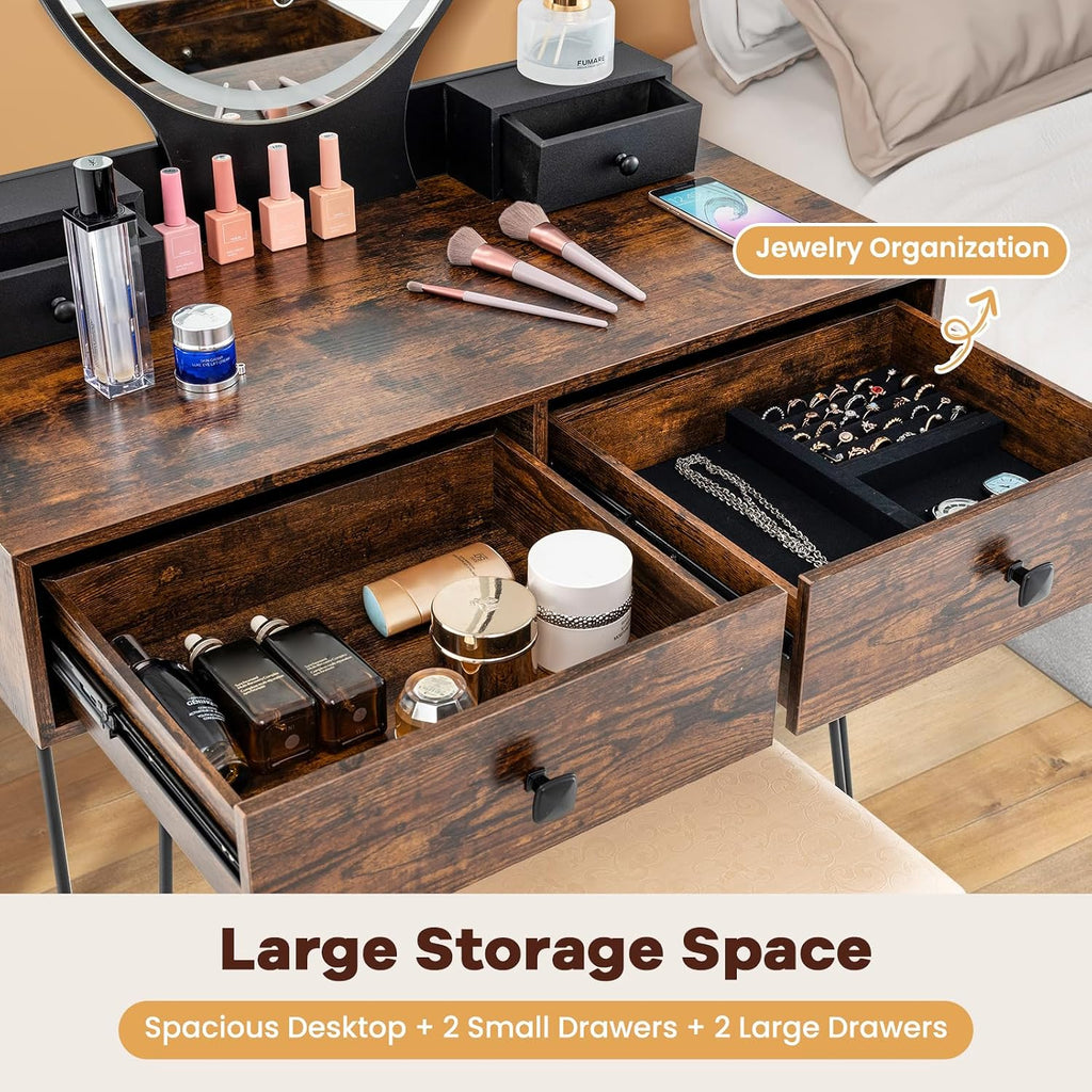 COSTWAY Vanity Desk Set with Mirror and Lights, Vanity Mirror with 3 Color Lighting Modes & Adjustable Brightness, Makeup Dressing Table with Cushioned Stool for Women Girls (Natural & Black)
