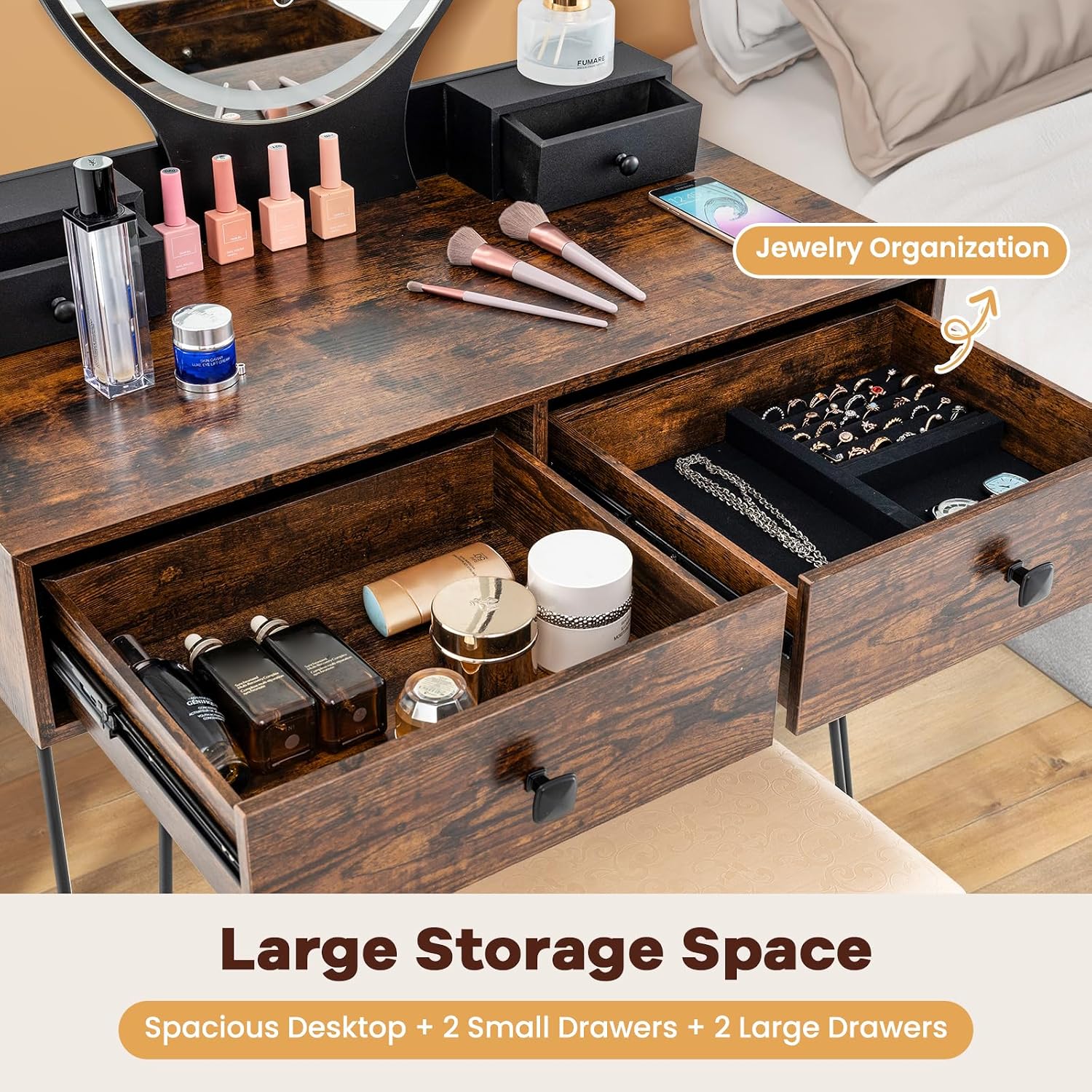 COSTWAY Vanity Desk Set with Mirror and Lights, Vanity Mirror with 3 Color Lighting Modes & Adjustable Brightness, Makeup Dressing Table with Cushioned Stool for Women Girls (Natural & Black)