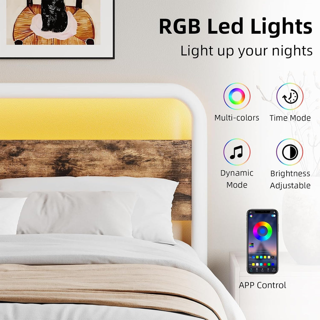 Catrimown Full Size Bed Frame with LED Lights, Heavy Duty Metal Rustic Platform Bed Frame Full Size with Wood Headboard, Noise Free, No Box Spring Needed, White