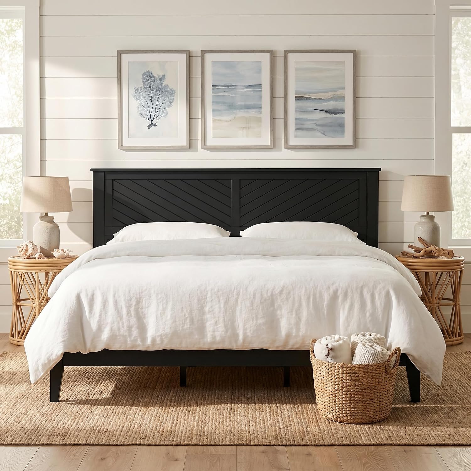 ComfIQ Solid Wood Platform Bed with Wooden Slats – Durable Frame, No Box Spring Required, Ample Underbed Storage, Black, King, Bed and Chevron Headboard