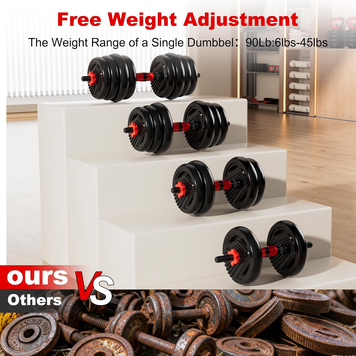 Adjustable Dumbbell Set, 10/20/30/45/70/90lbs Free Weight Set with Connector, 5 in1 Dumbbells Set Used as Barbell, Kettlebells, Push up Stand,Weight Plate, Fitness Exercises for Home Gym Suitable Men/Women