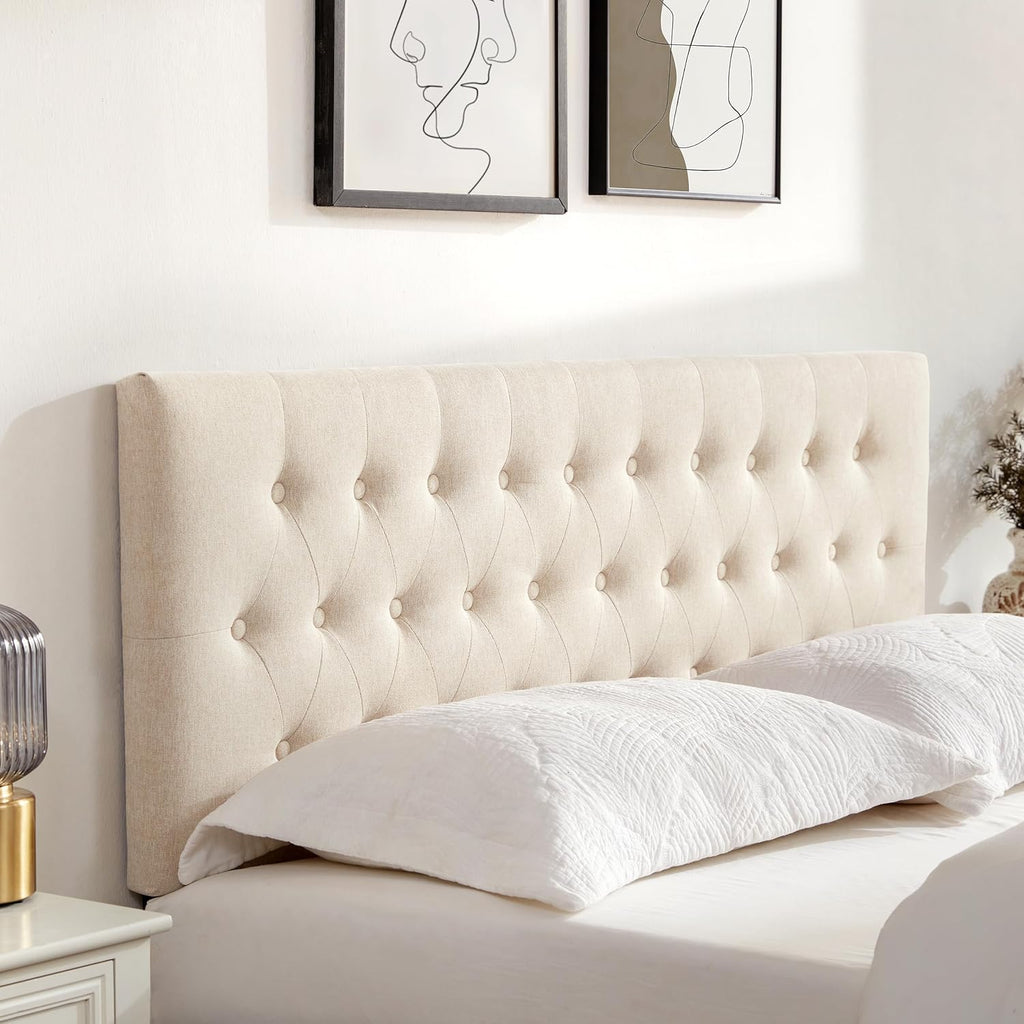 Huatean Home Tufted Upholstered Headboard King Size, Solid Wood Head Board with Durable Metal Legs, Adjustable Height Bed headboard from 37' to 51' Fabric Headboard in Modern Button Design, Beige