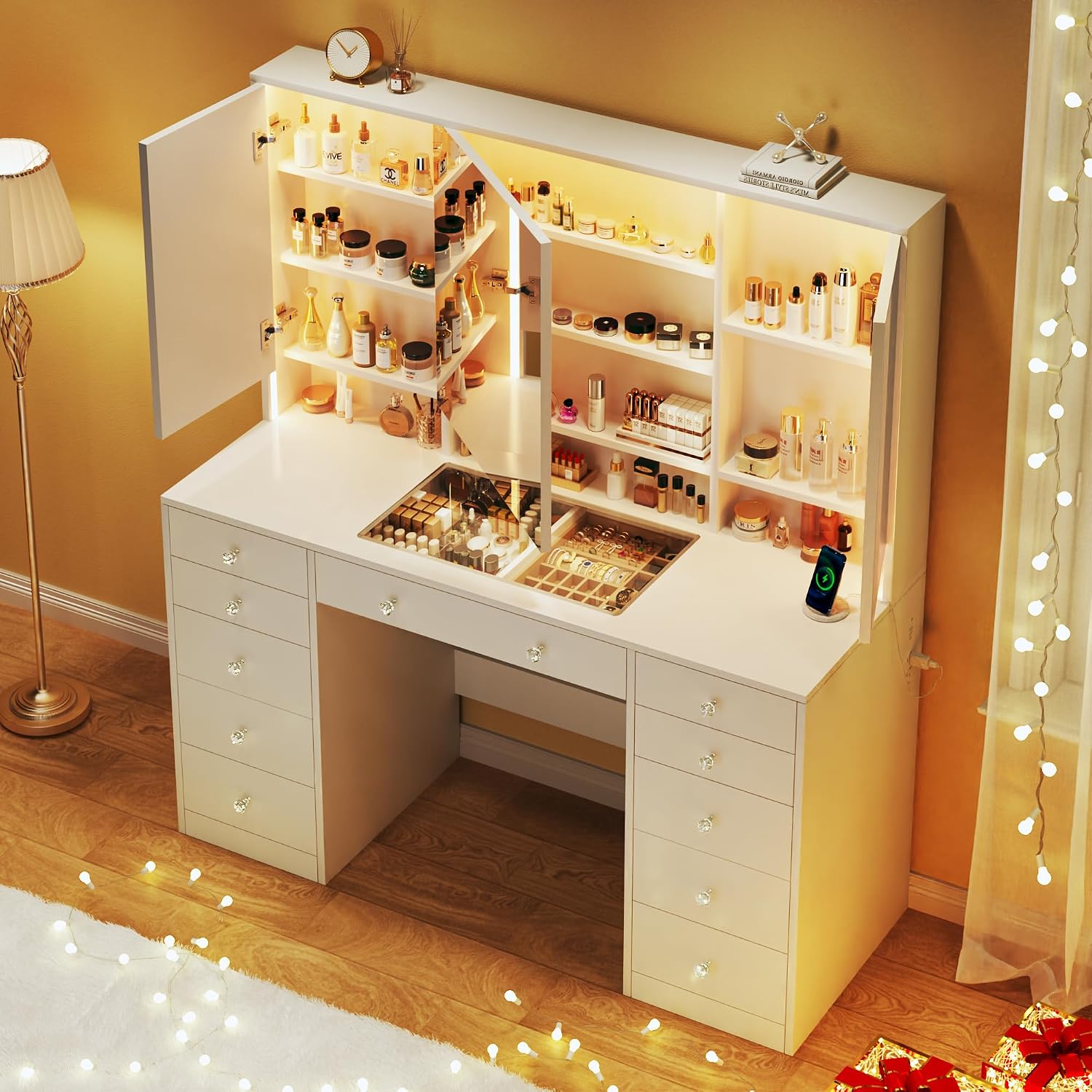 HUAHUU Vanity Desk with Mirror and Lights, 50' Makeup Vanity with Glass Top & Power Outlet, White Vanity with 11 Drawers & 8 Hidden Storage Shelves, 3 LED Lighting Modes Adjustable for Bedroom