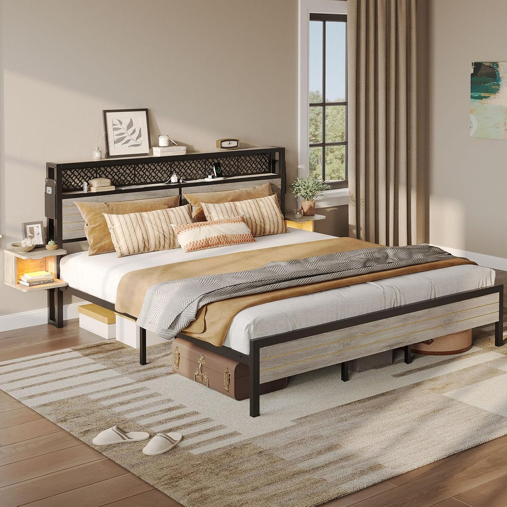 Bestier King Bed Frame with Horizontal Golden Stripe Storage Headboard&LED Nightstands, Metal Platform Bed with Charging Station, Heavy Duty Metal Slats, No Box Spring Needed, Noise Free(Grey Oak)