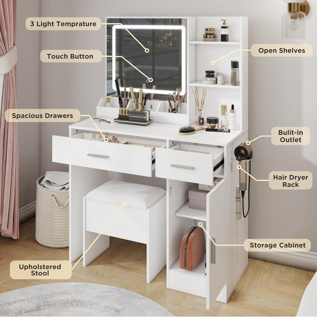 Roundhill Furniture Lavin Makeup Vanity Set, Vanity Desk with Stool, LED Light Mirror and Charging Station, White