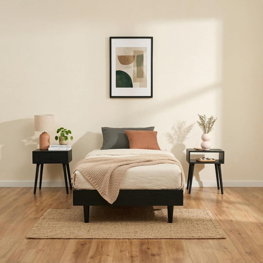 NTC Fly Wooden Bed Frame Without Headboard, Solid Wood Foundation with Silent Slats and Wood Central Supports, 350 Lb Capacity, Effortless Assembly, Twin - Burnt Black