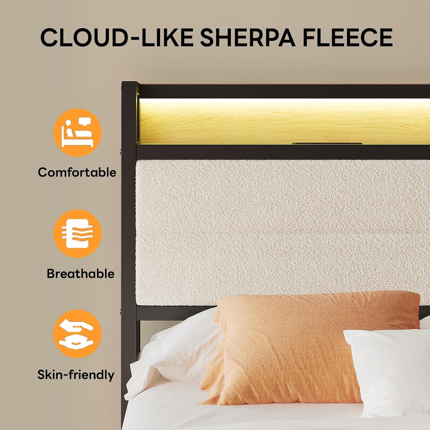 LIKIMIO Twin XL Bed Frame with Storage Headboard and LED Lights, Metal Platform Bed with Charging Station, Noise Free, No Box Spring Needed, Under Bed Storage, Natural and Cream