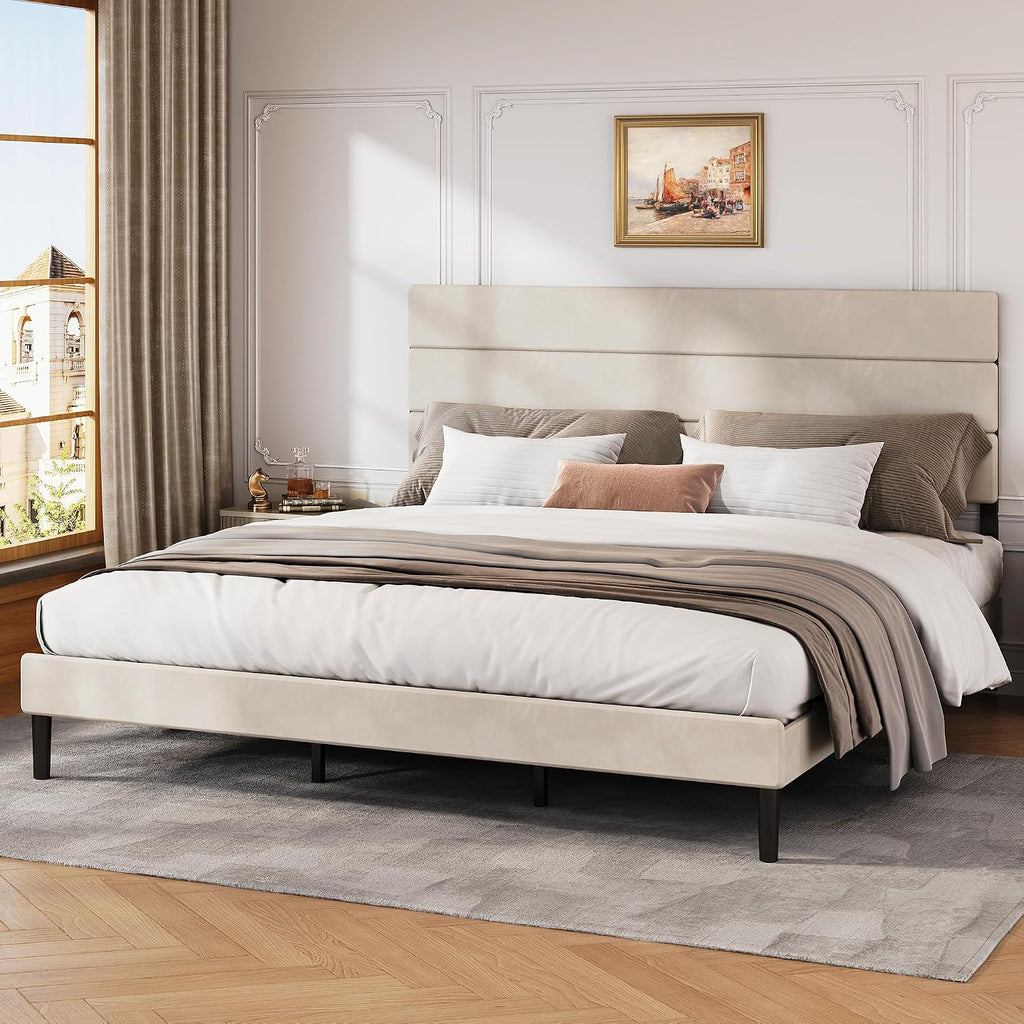 WLIVE Upholstered Bed Frame, King Size Bed Frame with Headboard, Platform Bed with Wood Slats, 1500LBS Mattress Foundation, No Box Spring Needed, Easy Assembly, Velvet Beige
