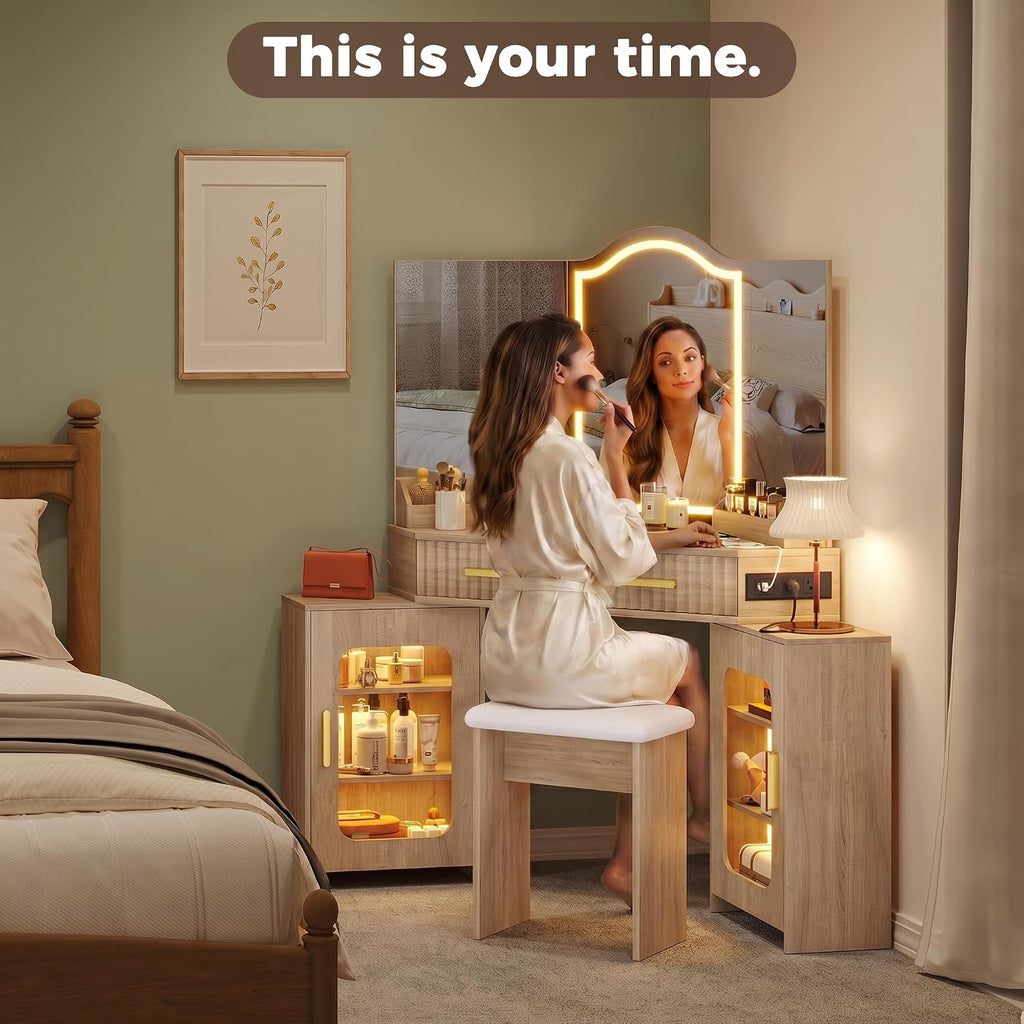 Hexagonal Corner Vanity Desk with Lighted Arched Mirror, Oak Makeup Table Set with Charging Station, 2 Fluted Drawers, Cabinets & Stool, Flat Wall or Corner Placement (Natural Wood)
