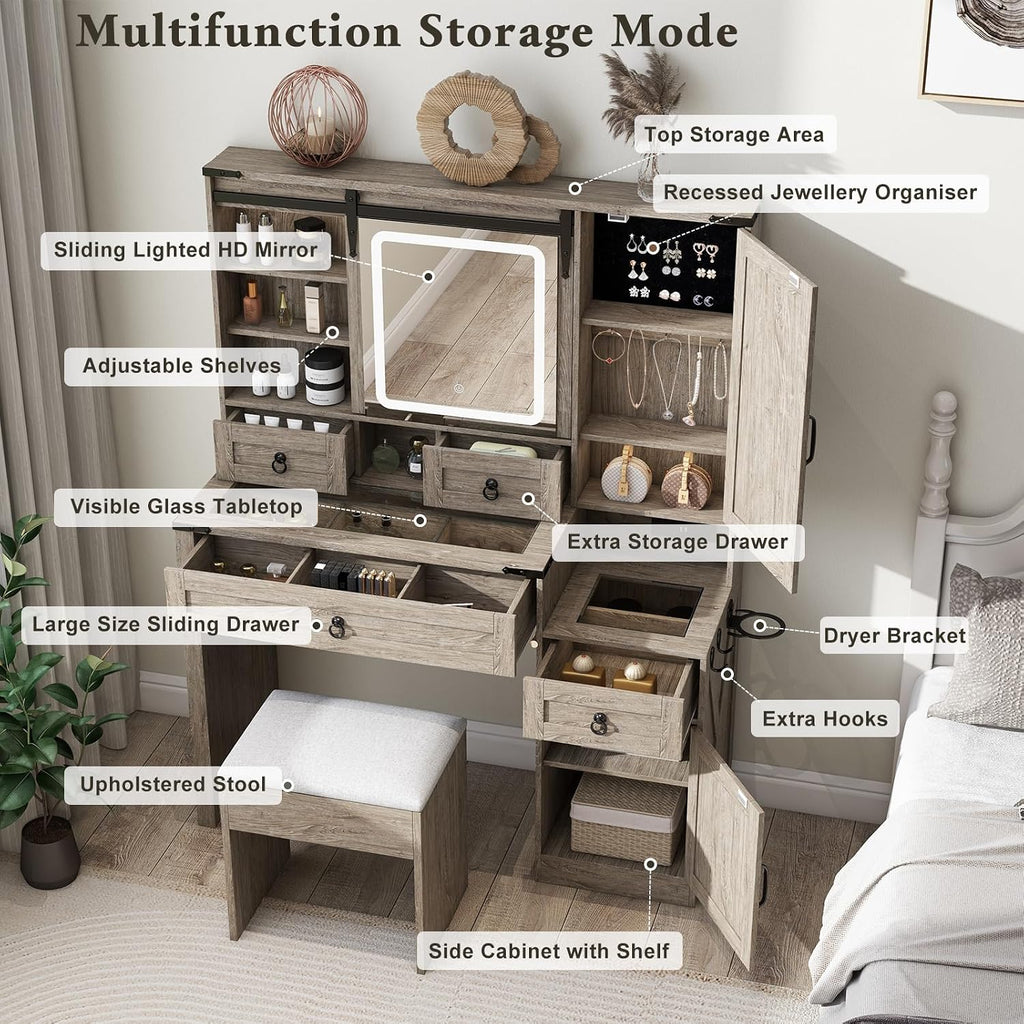 Farmhouse Makeup Vanity Desk with Sliding Mirror and Lights, 42' Glass Top Vanity Table with Charging Station & 4 Drawers & 2 Cabinets, Vintage Vanity Set for Bedroom, Driftwood Gray
