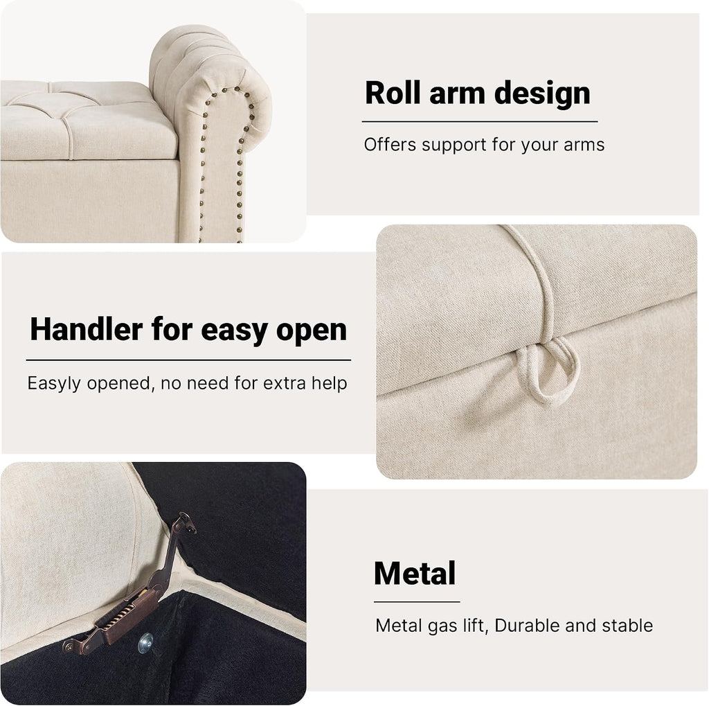 Storage Bed Bench for Bedroom, Chenille 67' End of Bed King Size Benches with Armrest, Tufted Button Upholstered Ottoman Bench for Living Room, Entryway, Camel