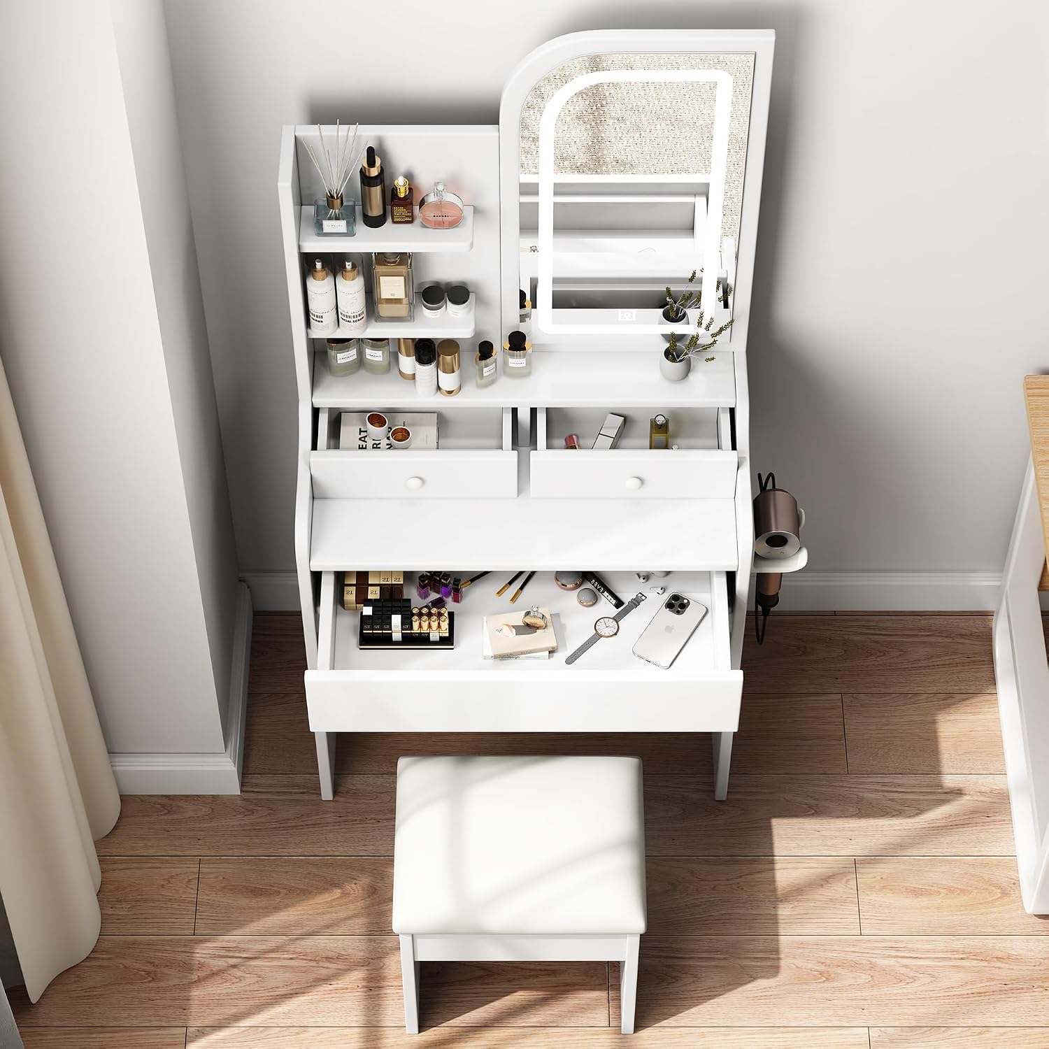 Small Makeup Vanity Desk with Mirror and Lights, Vanity Table Set with Storage Drawer, 3 Lighting Colors, Dressing Table for Bedroom, White