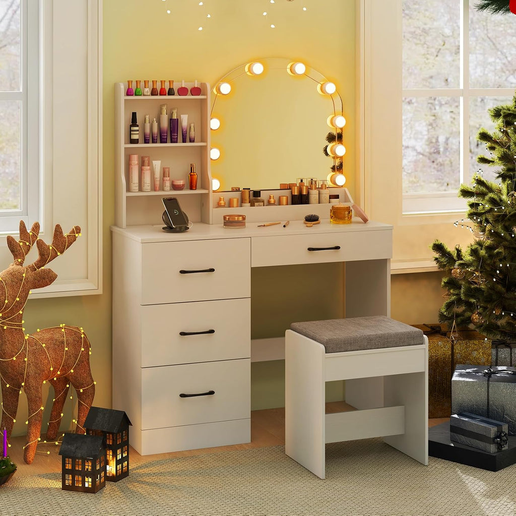 CHARMAID Vanity Desk with Mirror and Lights, White Makeup Vanity Desk with 4 Drawers, Storage Shelves, Charging Station, 3 Lighting Modes, 40 inch Large Vanity Dressing Table with Stool for Bedroom