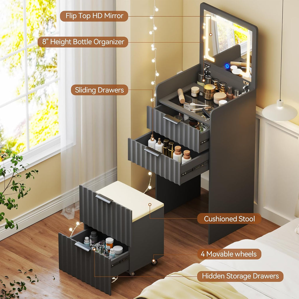 3-in-1 Small Vanity Desk with Flip Top Mirror and Lights,Fluted Compact Makeup Vanity with Storage Stool and Drawers,Mini Vanity Table Set for Bedroom Furniture,Grey