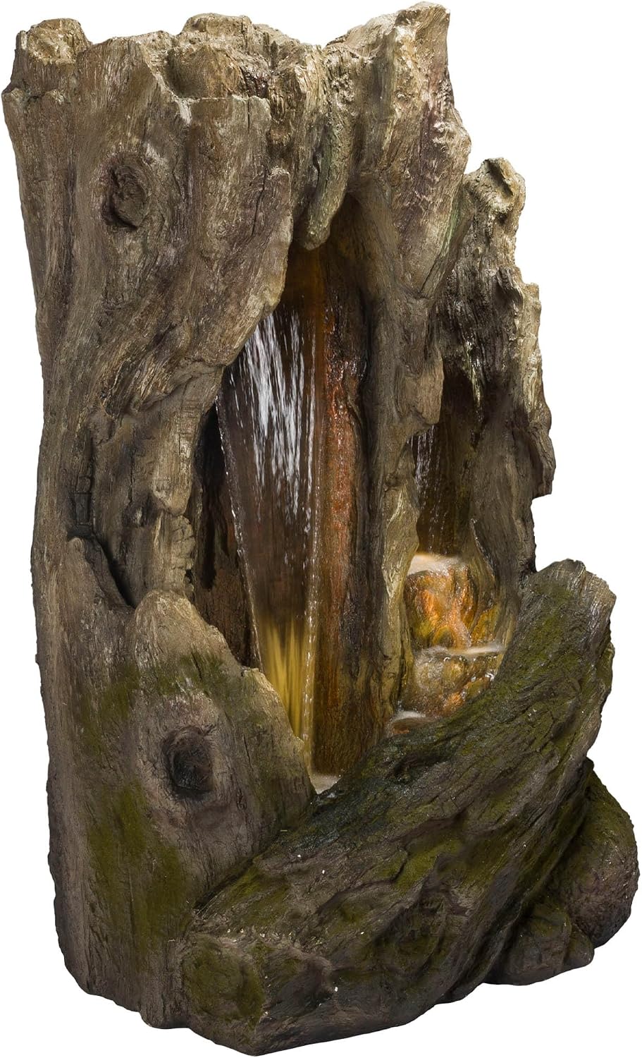Alpine Corporation 62' Rustic Outdoor Tree Trunk Waterfall Fountain with LED Lights – Natural Wood-Look Water Feature for Gardens, Patios, Yards, and Landscaping Decor, Resin