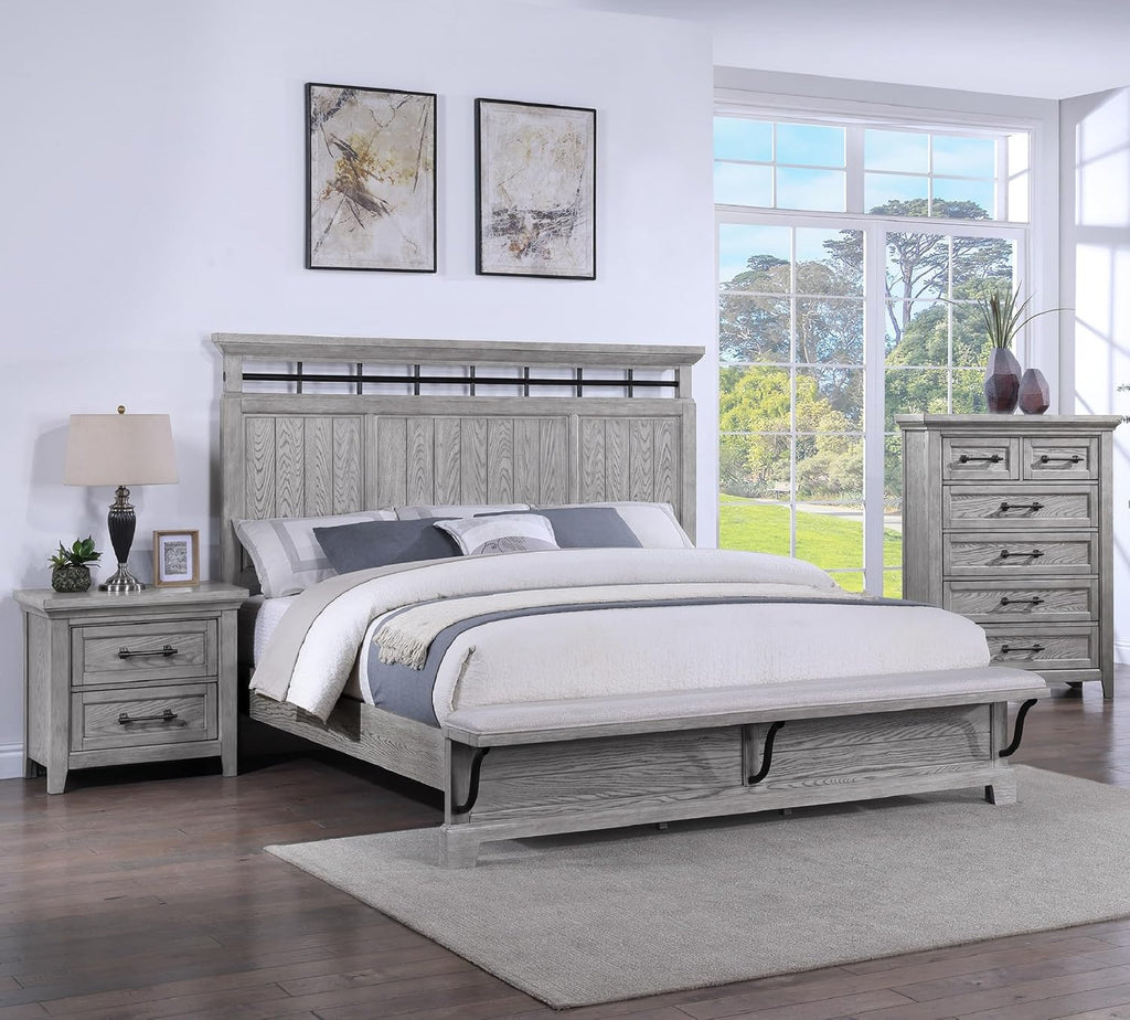 3pc Light Gray Finish King Size Panel Built-in Bench Bed Set Bedroom Solid Wood Furniture