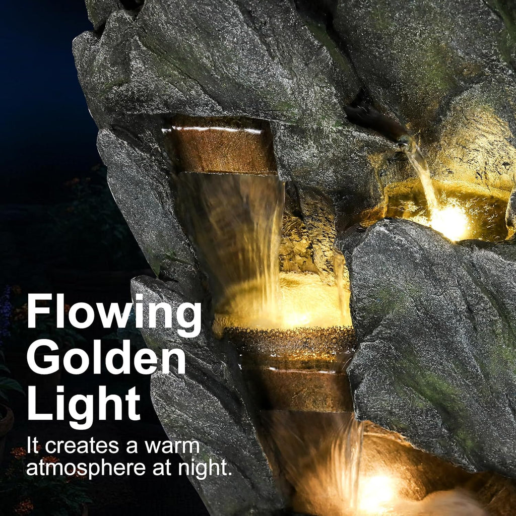 Naturefalls 51' High Outdoor Rock Water Fountain with LED Lights - Mutil-Tiers Poly-Resin Cascading Waterfall Fountain for Garden, Patio, Yard, Home Decor