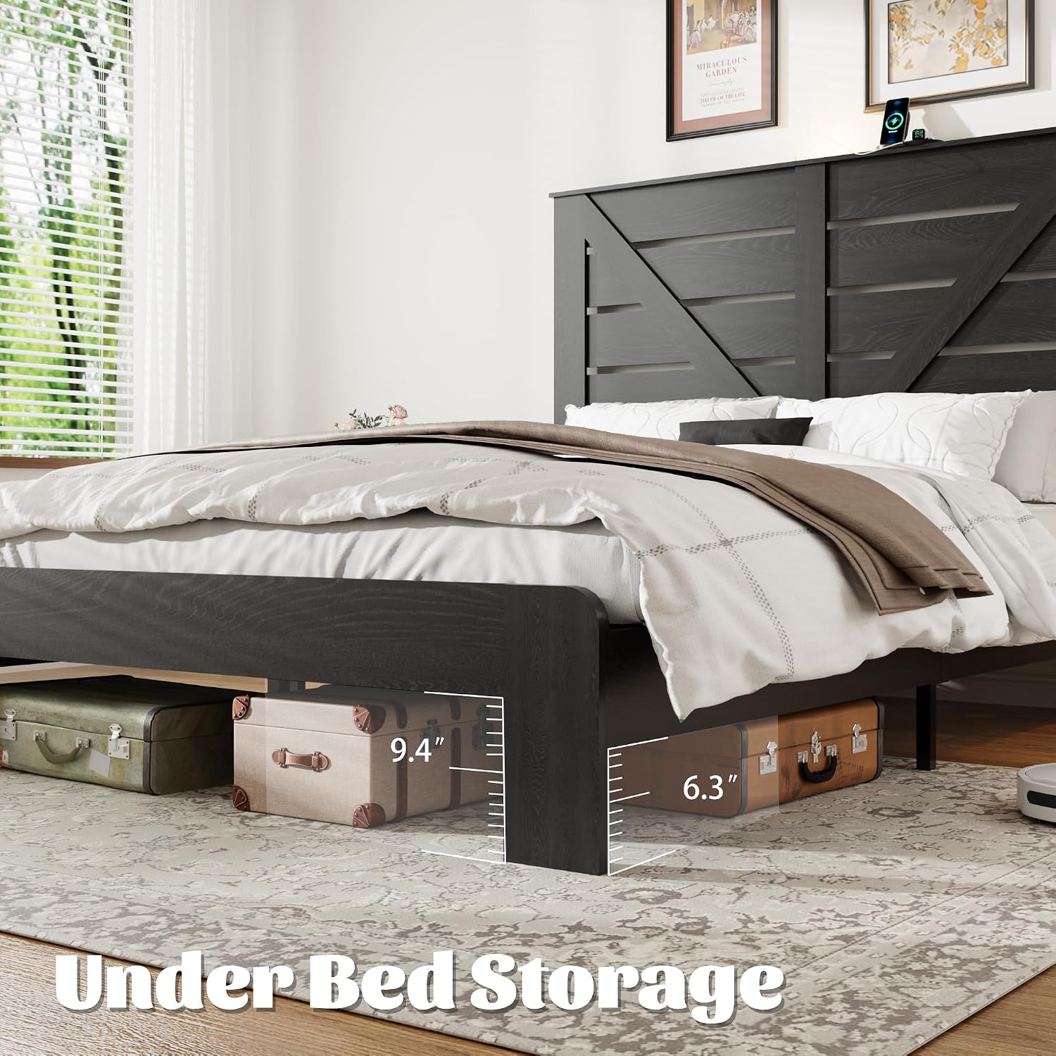 Full Size Wooden Bed Frame with Headboard, Rustic Farmhouse Platform Bedframe with Metal Slat Support, Under Bed Storage Space, Easy Assembly, Noisy Free (Black, Full)