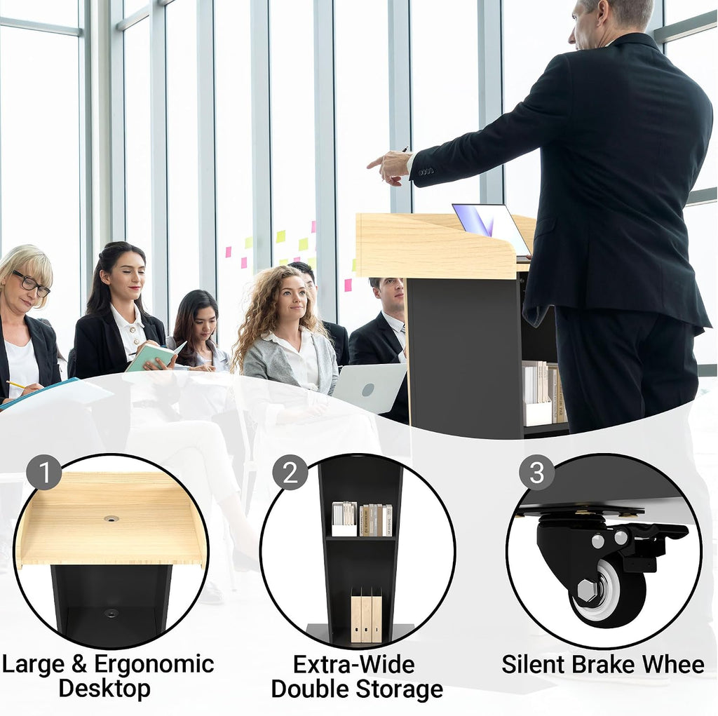 Rolling Podium Stand with Mobile Footrest - 44.3' Ergonomic Lectern for Church, Classroom, Office - Heavy-Duty Locking Wheels, Dual Storage Shelves, Cable Management, Light Wood & Black