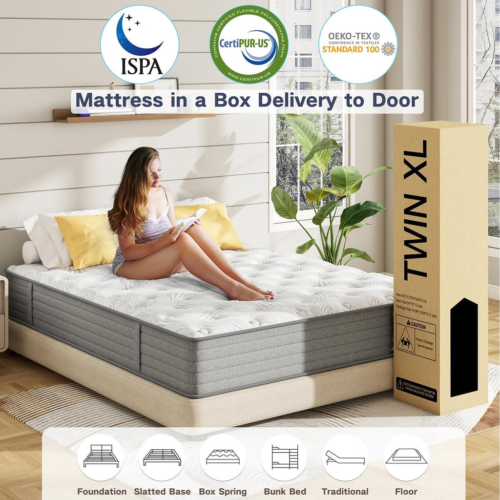 Twin XL Mattress,12 Inch Superior Hybrid XL Twin Mattress in a Box with Gel Memory Foam for Back & Lumbar Support,Individually Pocket Springs for Pressure Relief,Medium Firm,CertiPUR-US,39'*80'*12'